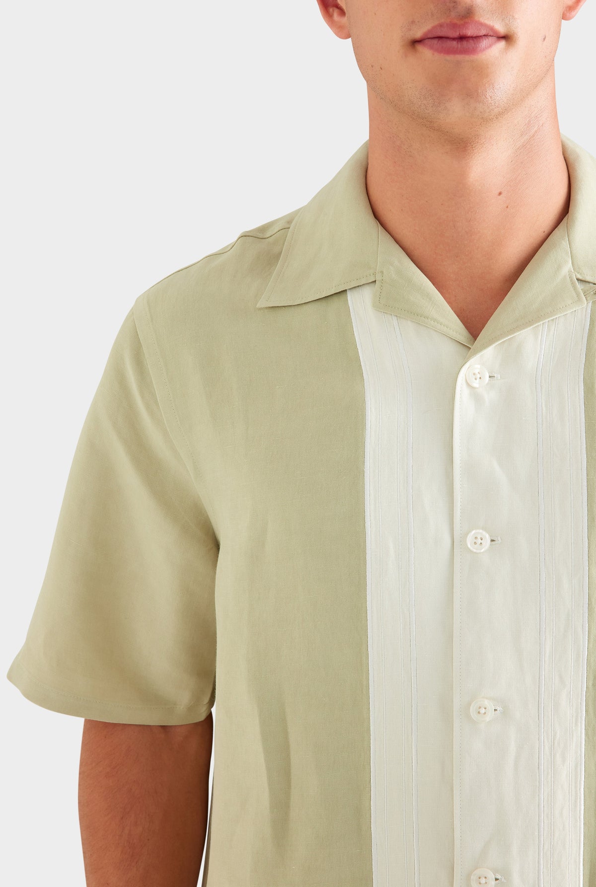 Applique Border Silk Linen Shirt - Stone Green/Cream [[AU_MEDIA:gid://shopify/MediaImage/27759765454935]]