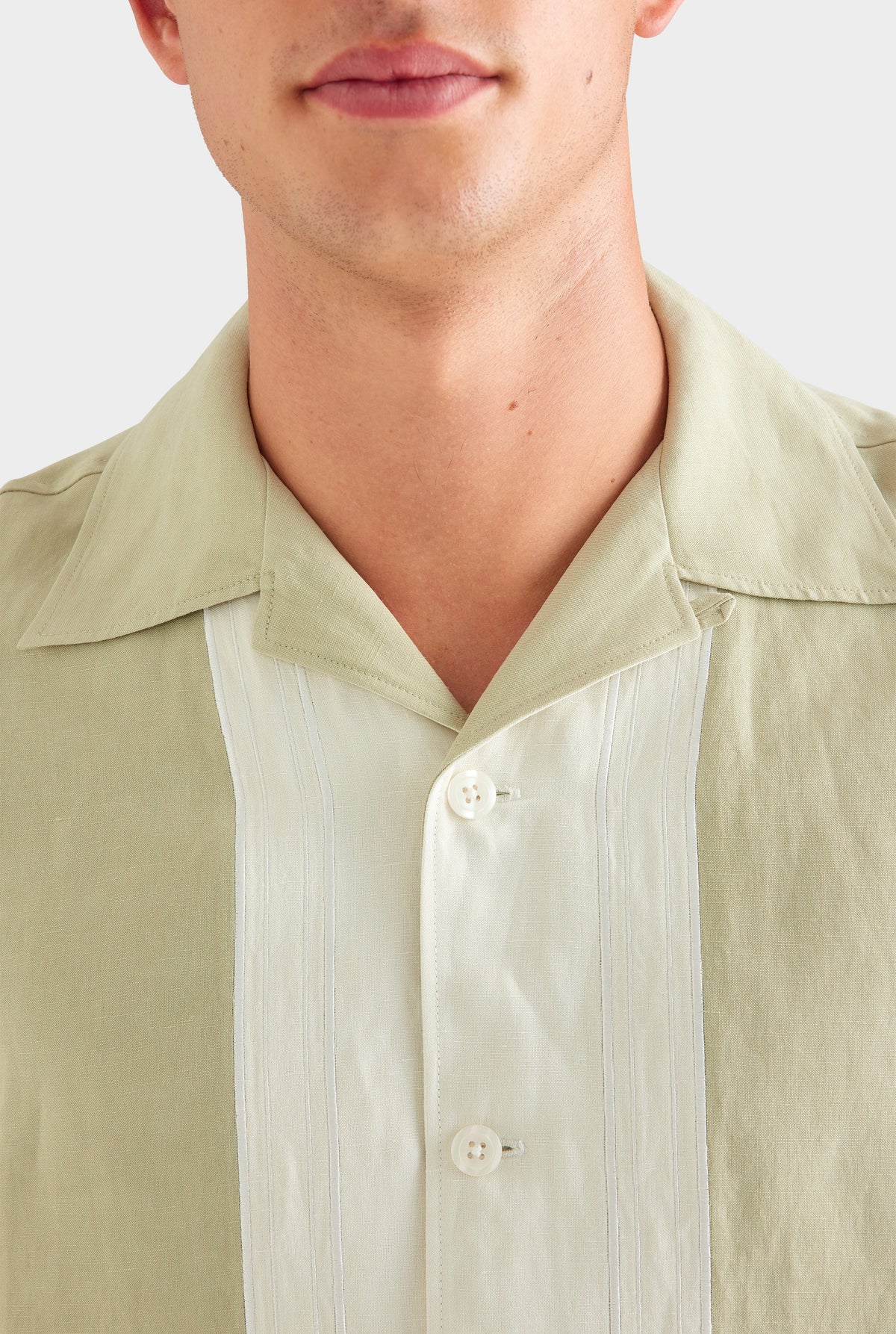 Applique Border Silk Linen Shirt - Stone Green/Cream [[AU_MEDIA:gid://shopify/MediaImage/27759766700119]]