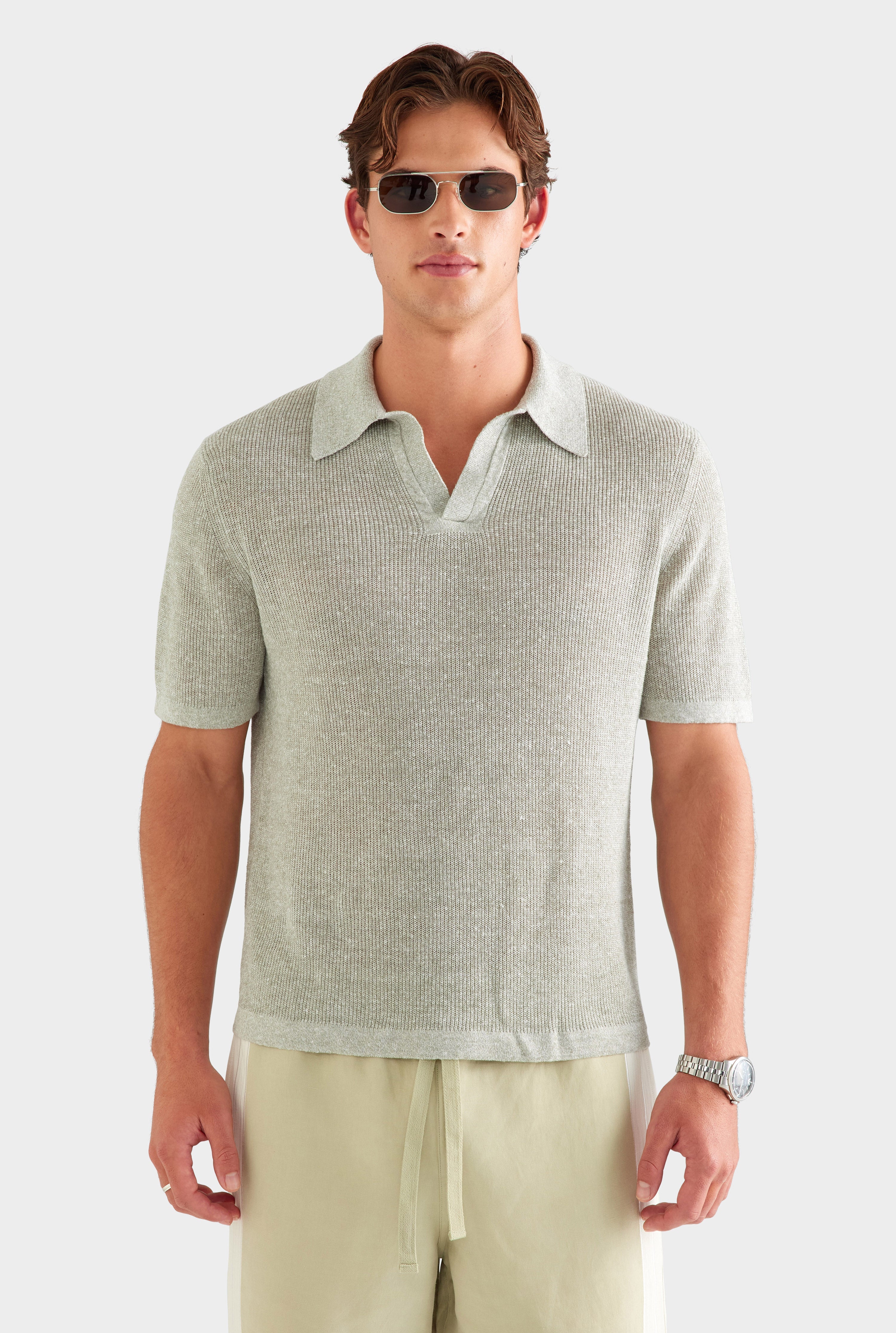 Rib Knit Open Neck Polo - Sage Marl [[AU_MEDIA:gid://shopify/MediaImage/27759766798423]]