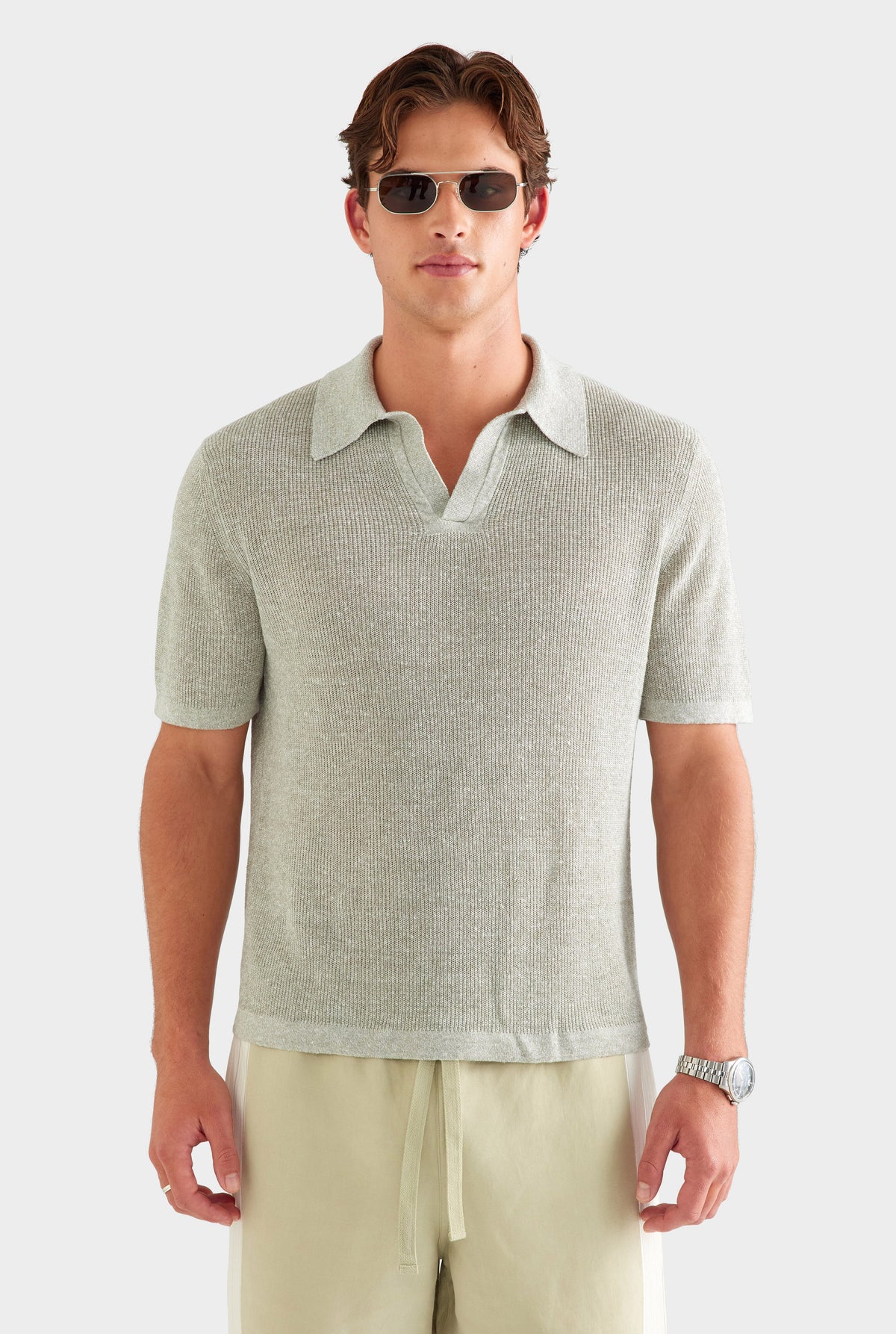 Rib Knit Open Neck Polo - Sage Marl [[AU_MEDIA:gid://shopify/MediaImage/27759766798423]]