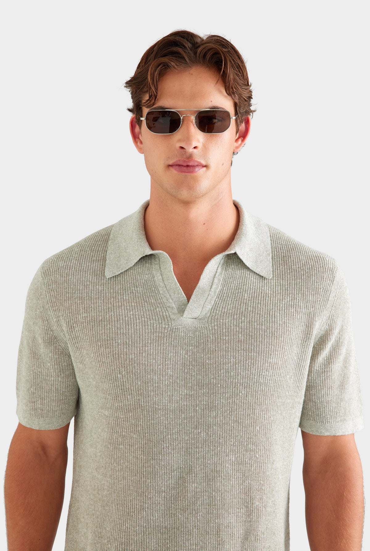 Rib Knit Open Neck Polo - Sage Marl [[AU_MEDIA:gid://shopify/MediaImage/27759768076375]]