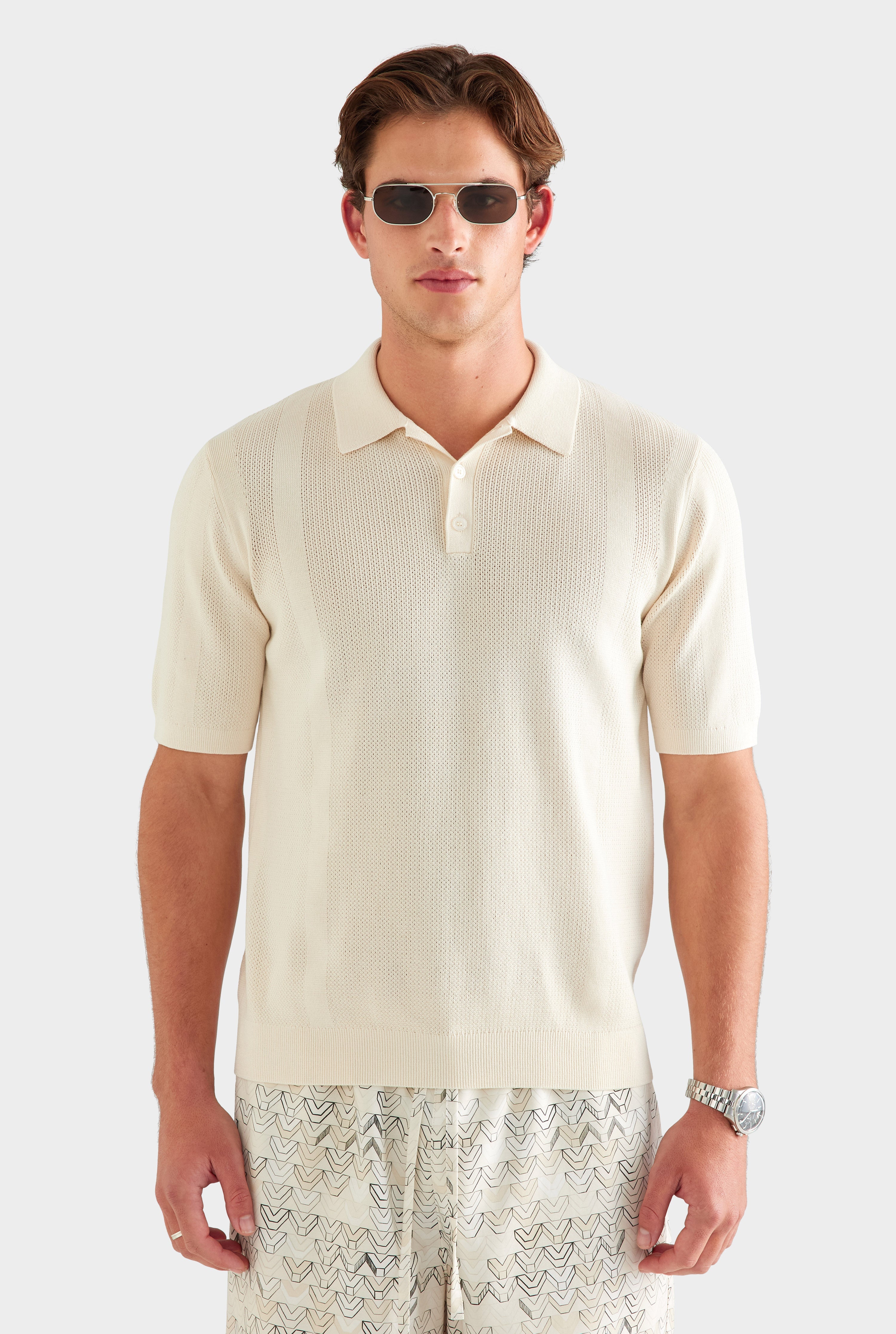 Cotton Pointelle Stripe Polo - Oat [[AU_MEDIA:gid://shopify/MediaImage/27759774433367]]