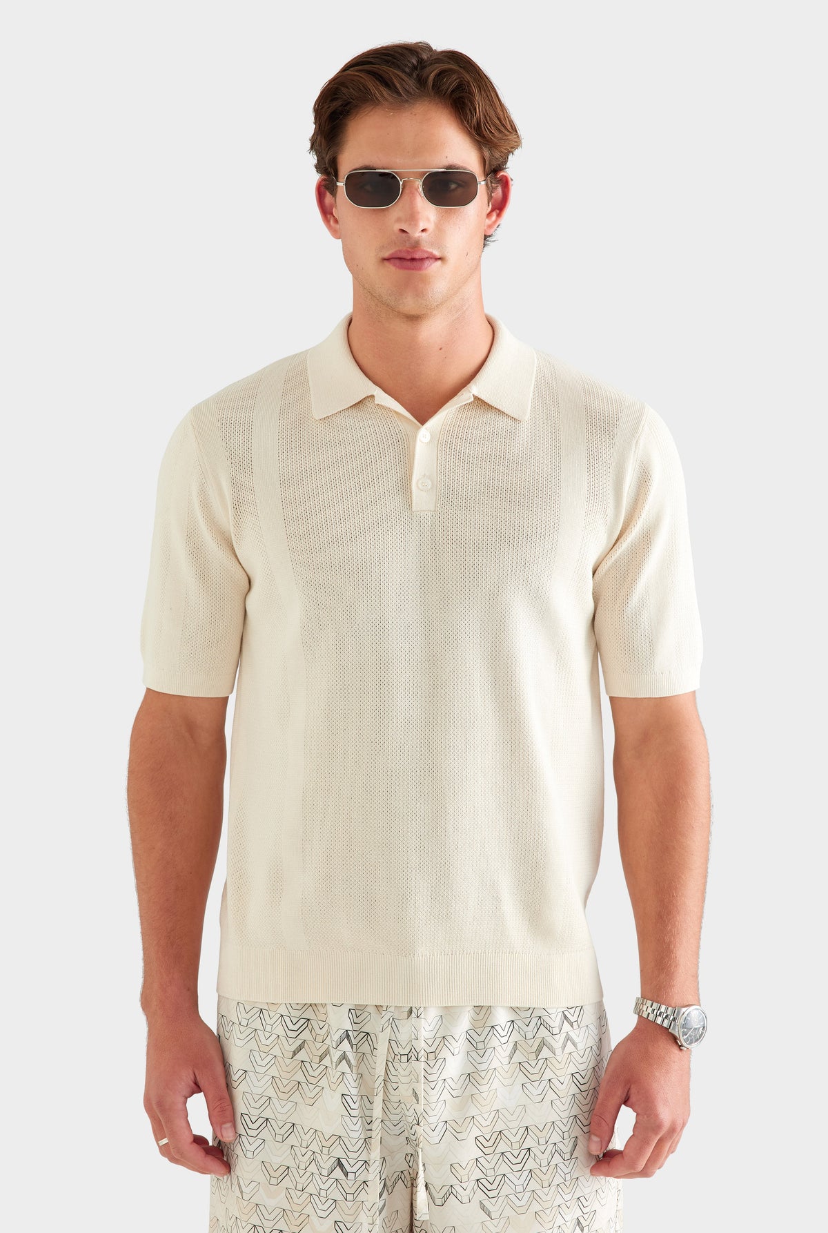 Cotton Pointelle Stripe Polo - Oat [[AU_MEDIA:gid://shopify/MediaImage/27759774433367]]