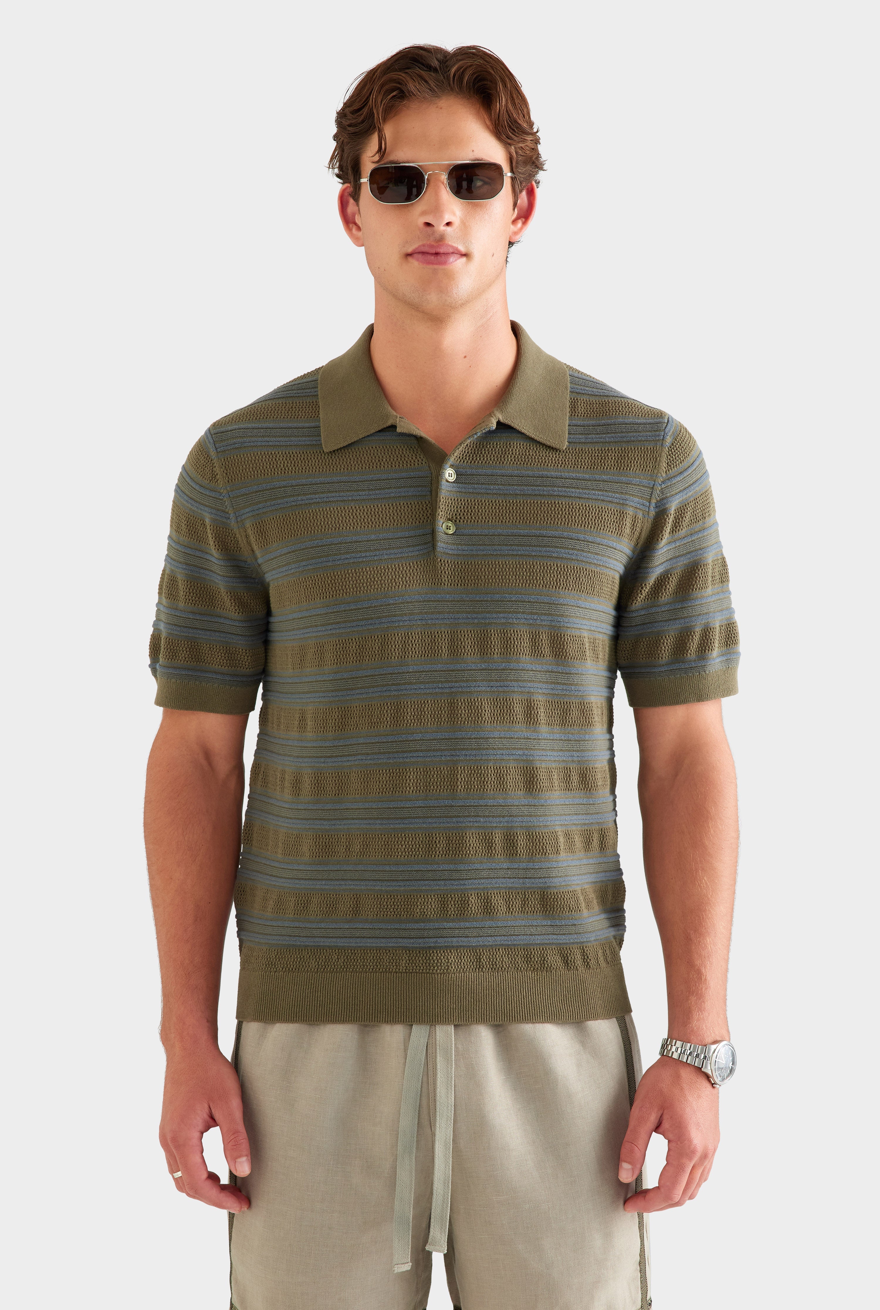 Stripe Ottoman Rib Polo - Olive/Slate Blue [[AU_MEDIA:gid://shopify/MediaImage/27759778103383]]