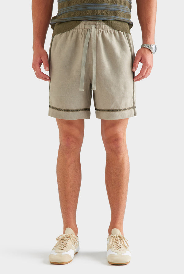 Woven Tape Linen Lounge Short - Olive Taupe [[AU_MEDIA:gid://shopify/MediaImage/27955584794711]]