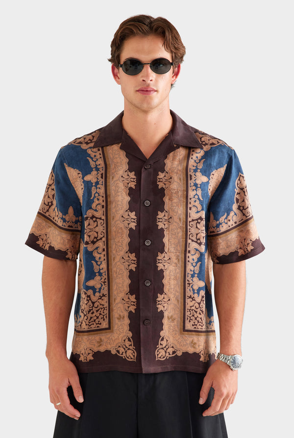 Short Sleeve Silk Jacquard Camp Collar Shirt - Mud Dye Tapestry [[AU_MEDIA:gid://shopify/MediaImage/27955556221015]]