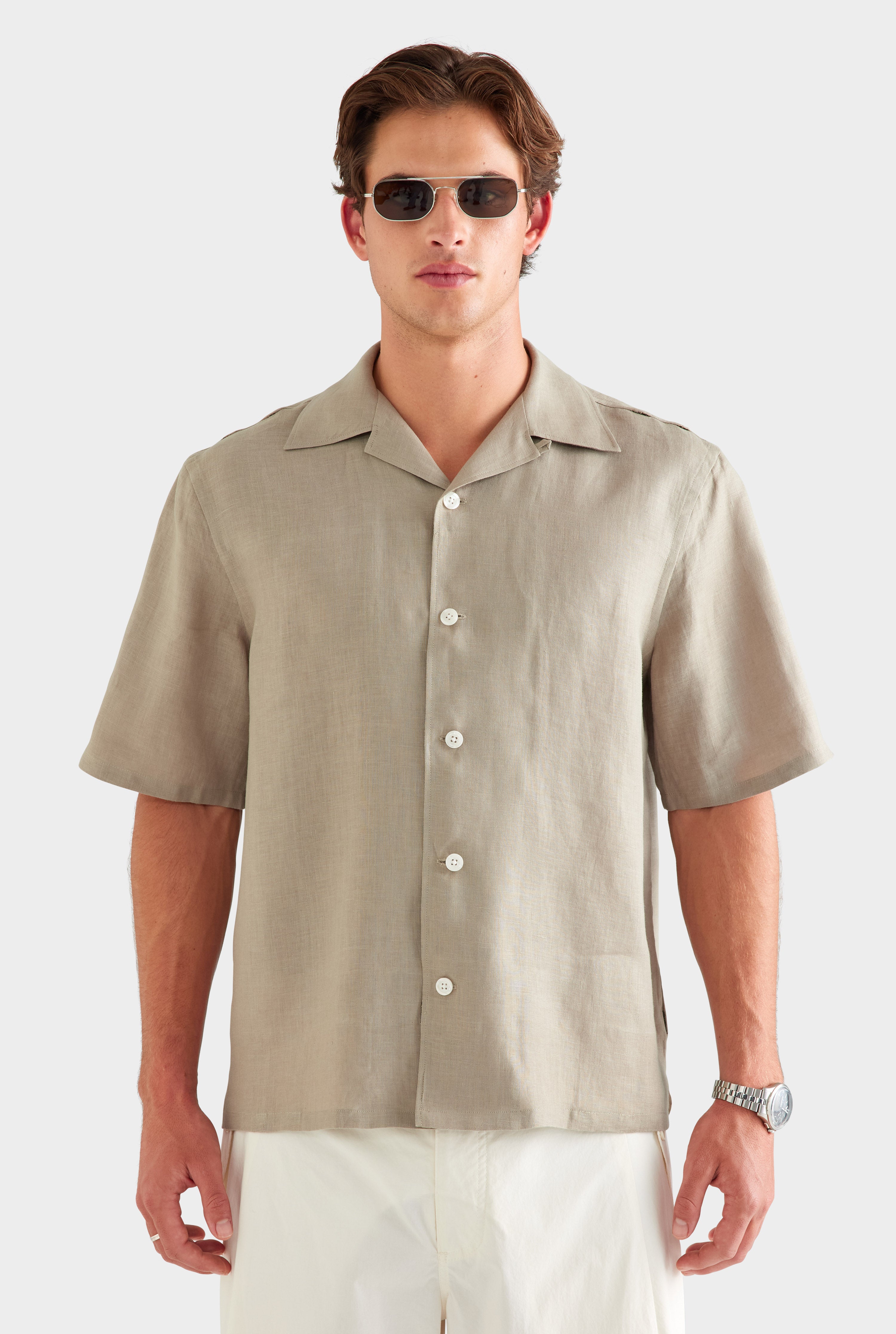 Linen Camp Collar Shirt - Olive Taupe [[AU_MEDIA:gid://shopify/MediaImage/27955557695575]]