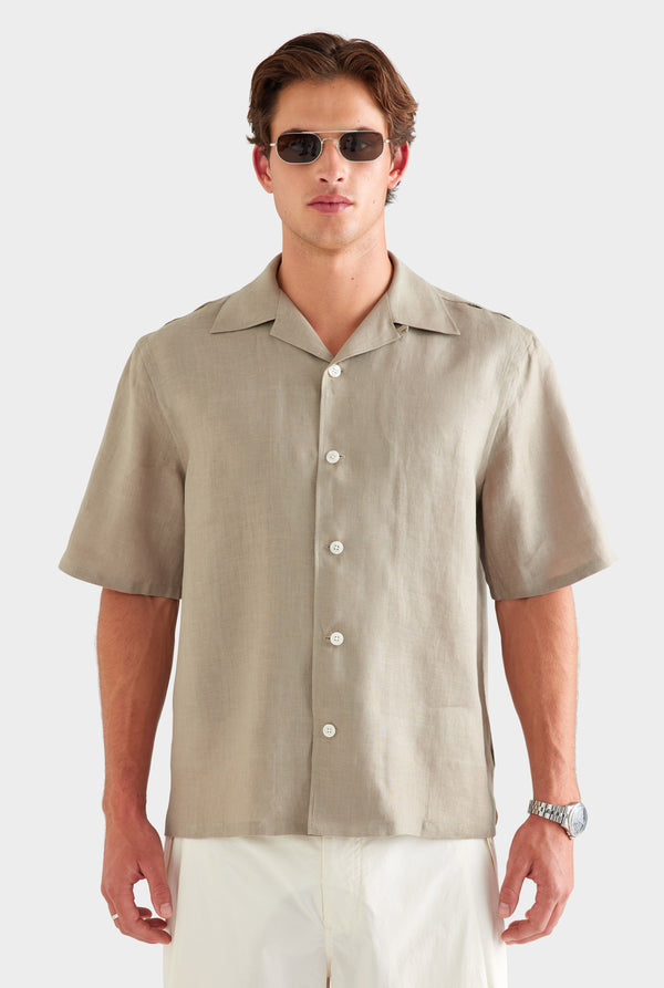 Linen Camp Collar Shirt - Olive Taupe [[AU_MEDIA:gid://shopify/MediaImage/27955557695575]]