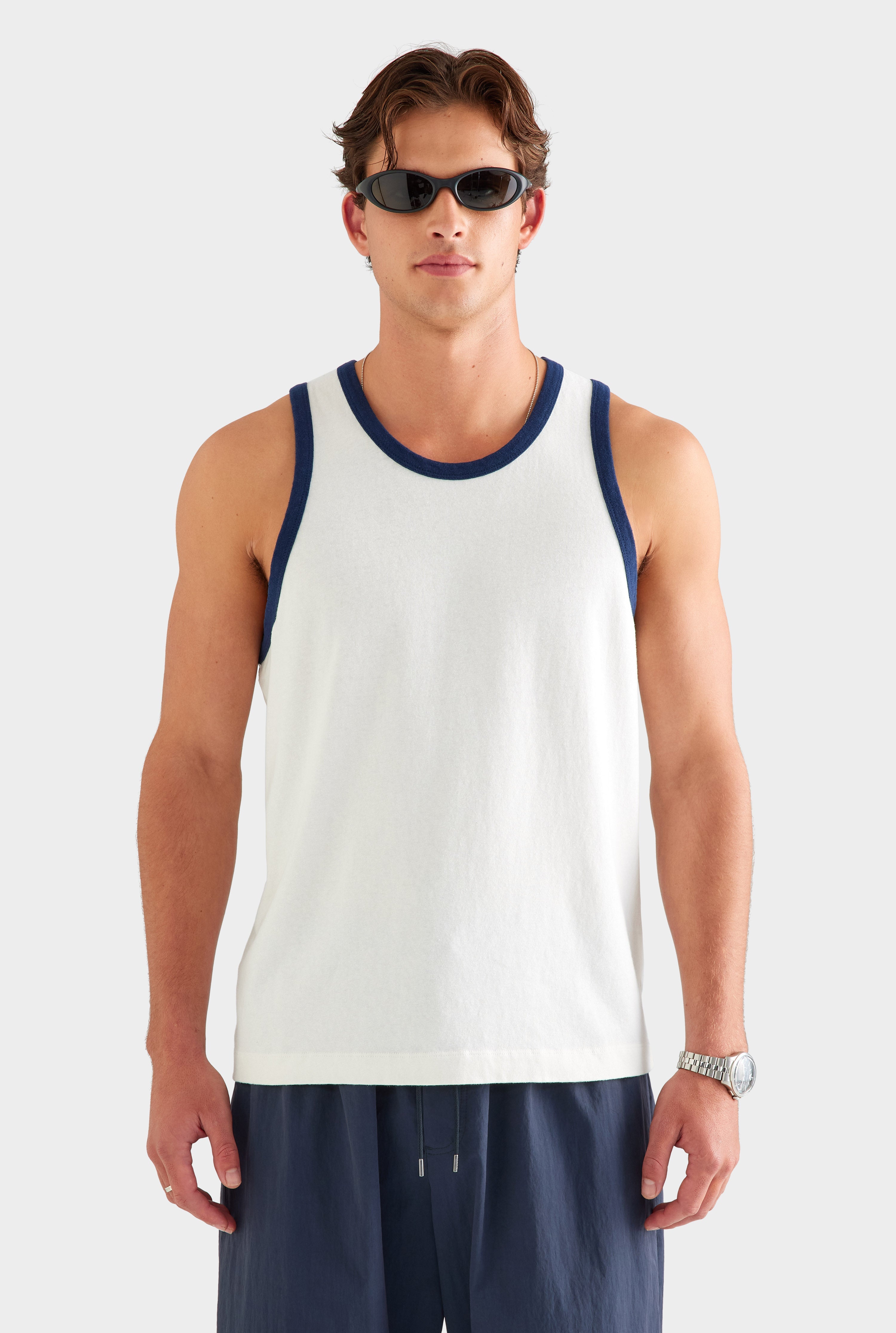 Contrast Cotton Linen Tank - White/Navy [[AU_MEDIA:gid://shopify/MediaImage/27955583680599]]
