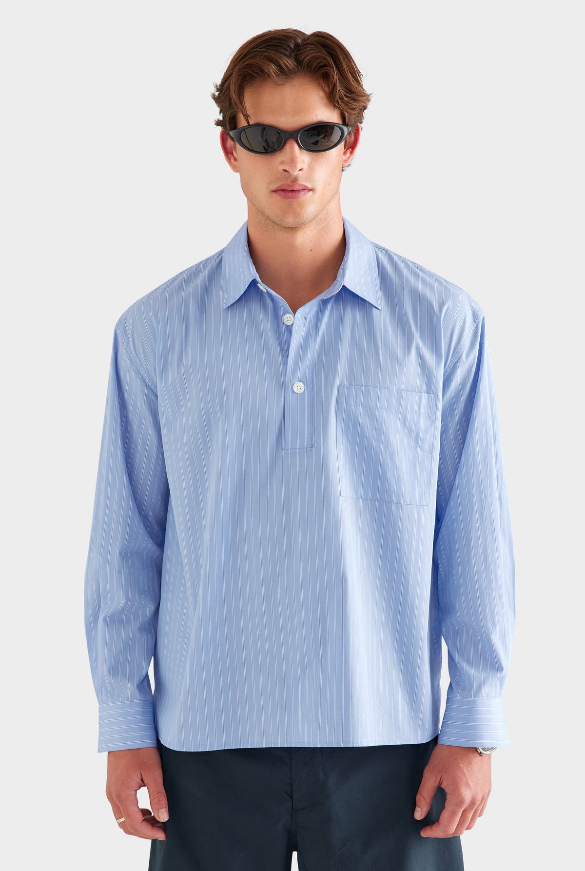 Cotton Stripe Popover Shirt - Blue/White Stripe [[AU_MEDIA:gid://shopify/MediaImage/27955558973527]]