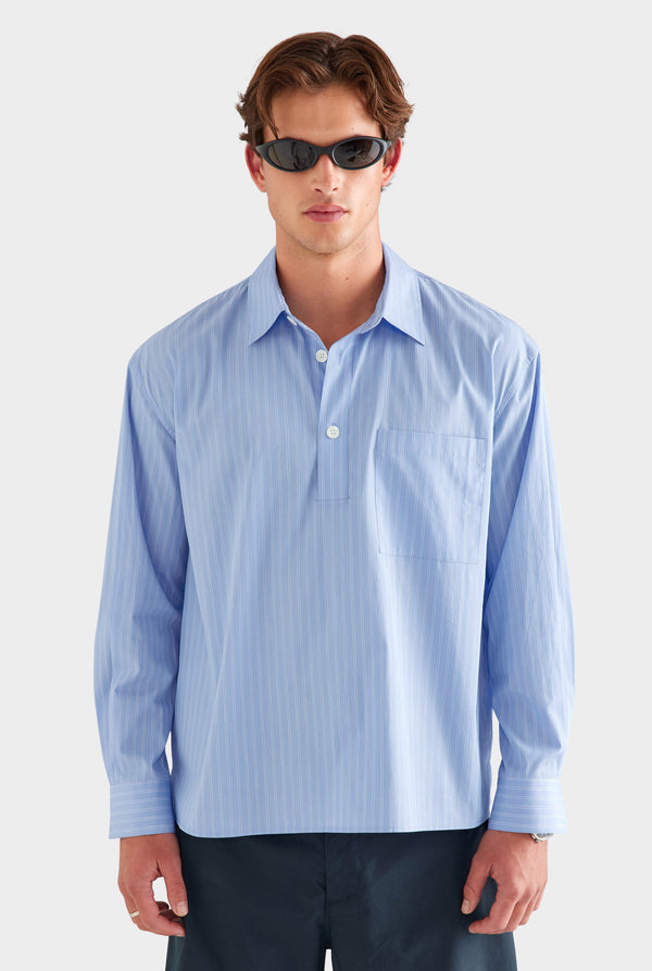 Cotton Stripe Popover Shirt - Blue/White Stripe [[AU_MEDIA:gid://shopify/MediaImage/27955558973527]]