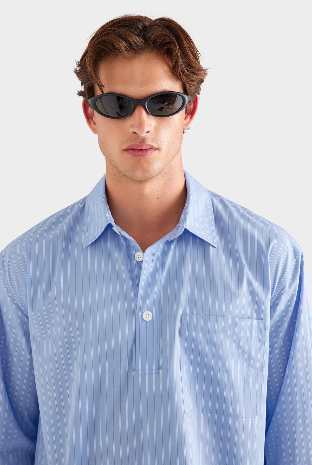 Cotton Stripe Popover Shirt - Blue/White Stripe [[AU_MEDIA:gid://shopify/MediaImage/27955559071831]]