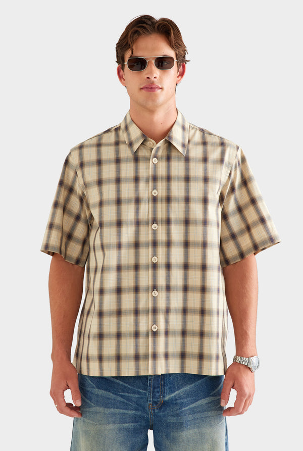 Oversized Check Short Sleeve Shirt - Beige Check [[AU_MEDIA:gid://shopify/MediaImage/27955569459287]]