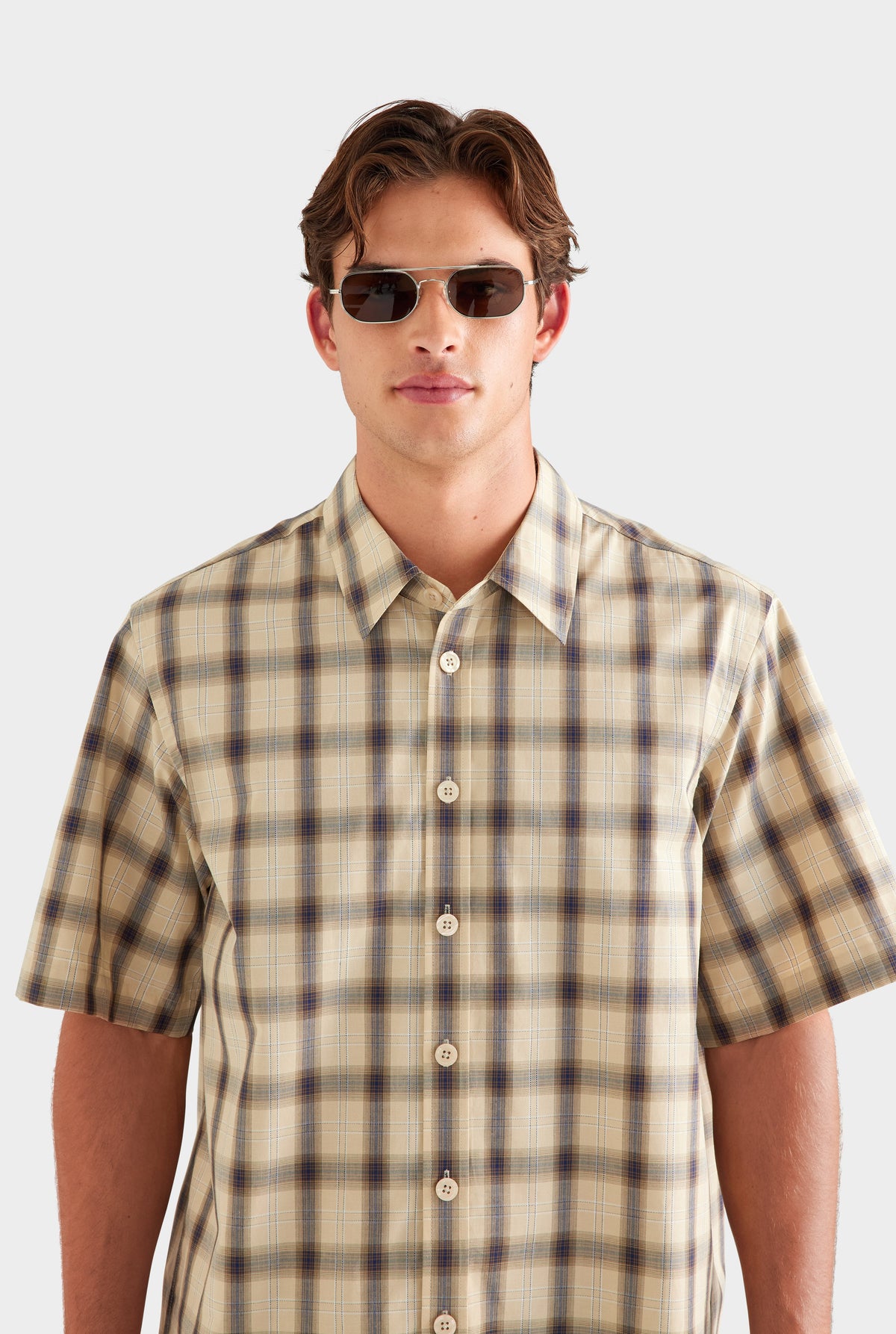 Oversized Check Short Sleeve Shirt - Beige Check [[AU_MEDIA:gid://shopify/MediaImage/27955570016343]]