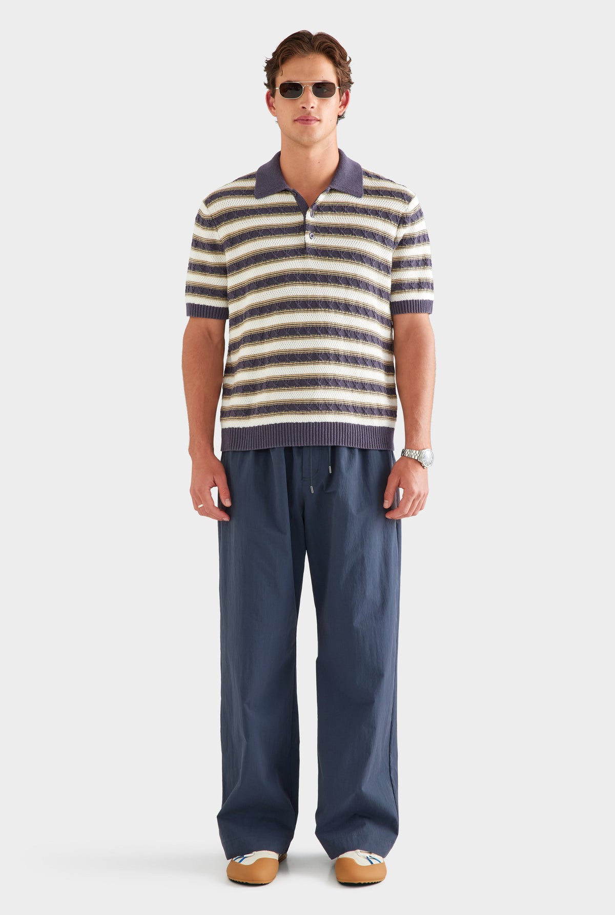 Textured Cotton Linen Knit Polo - Off White/Navy/Pale Yellow [[AU_MEDIA:gid://shopify/MediaImage/27955570933847]]