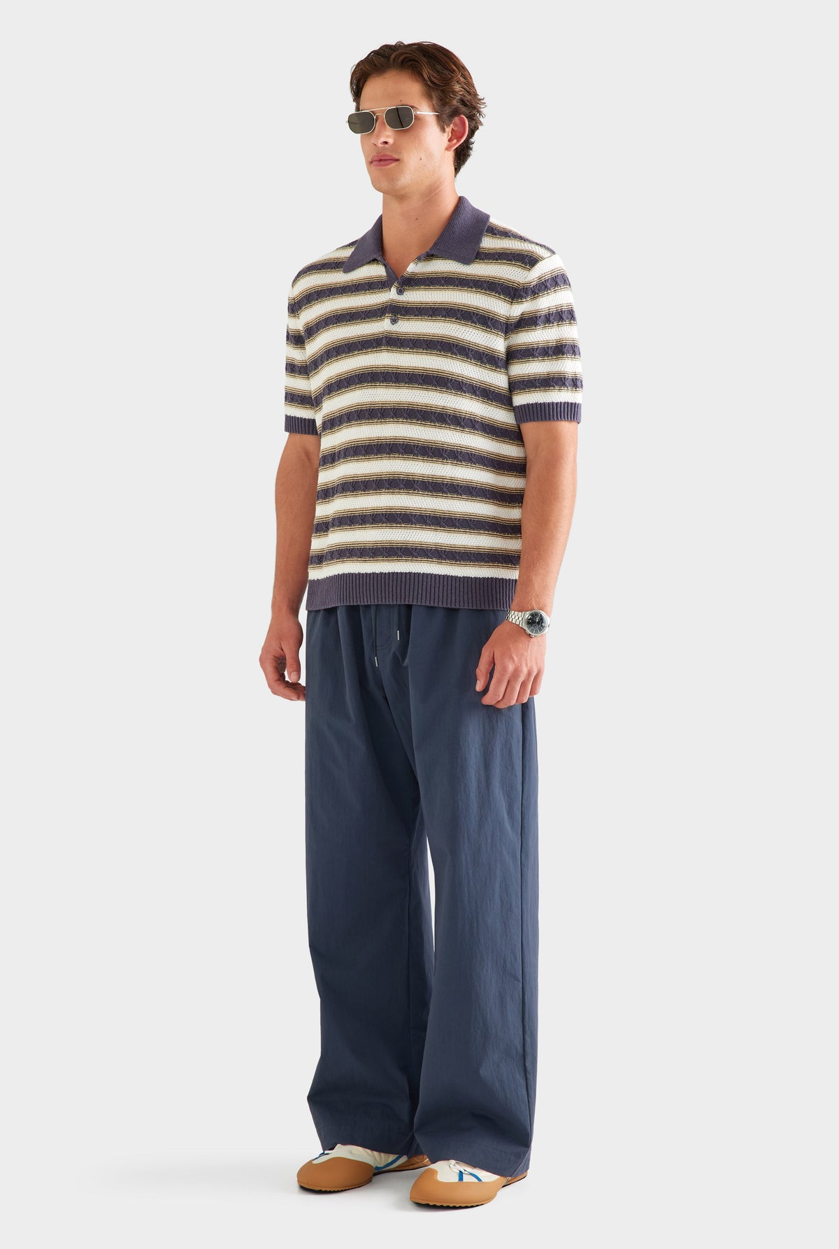 Textured Cotton Linen Knit Polo - Off White/Navy/Pale Yellow [[AU_MEDIA:gid://shopify/MediaImage/27955570704471]]