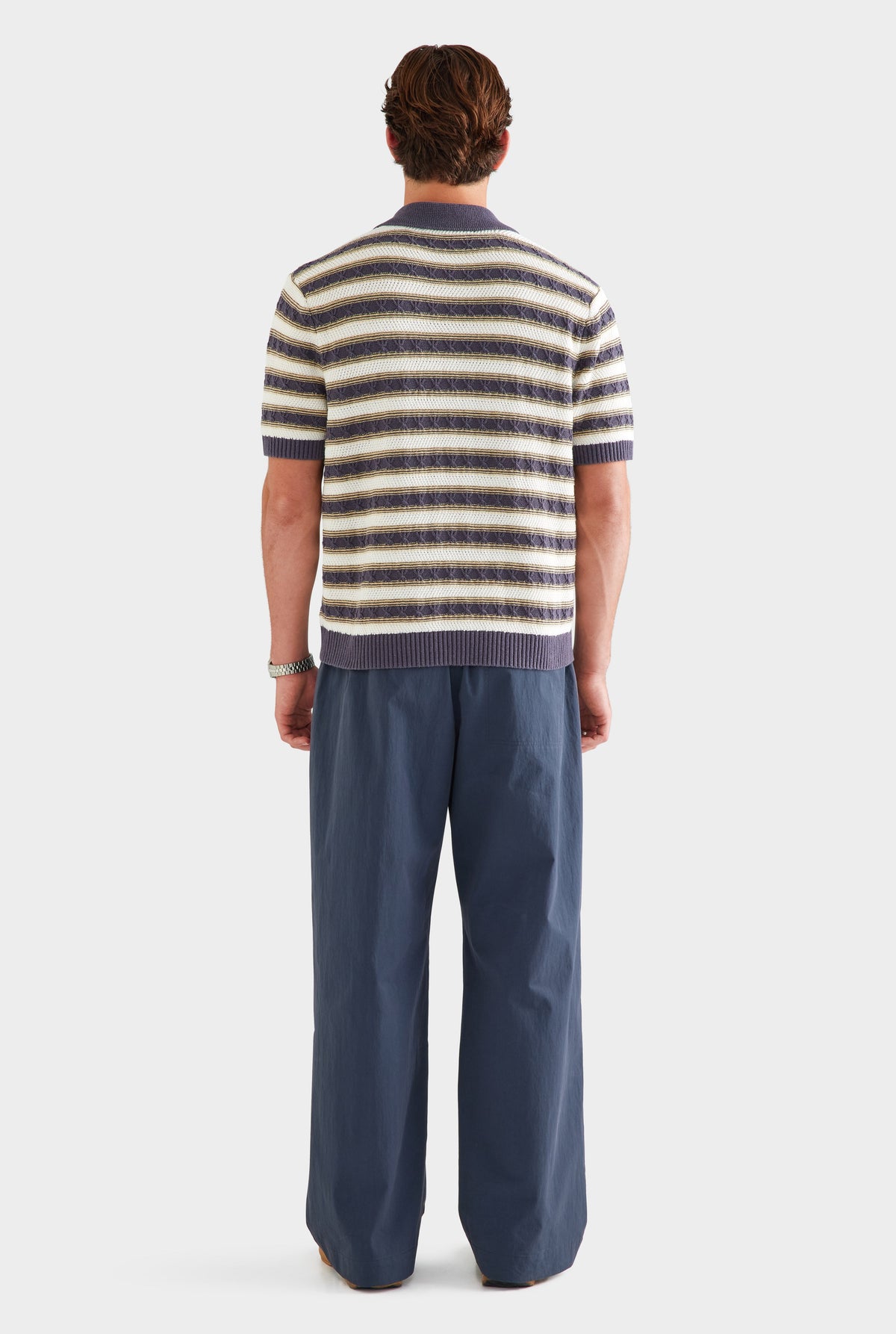 Textured Cotton Linen Knit Polo - Off White/Navy/Pale Yellow [[AU_MEDIA:gid://shopify/MediaImage/27955570868311]]