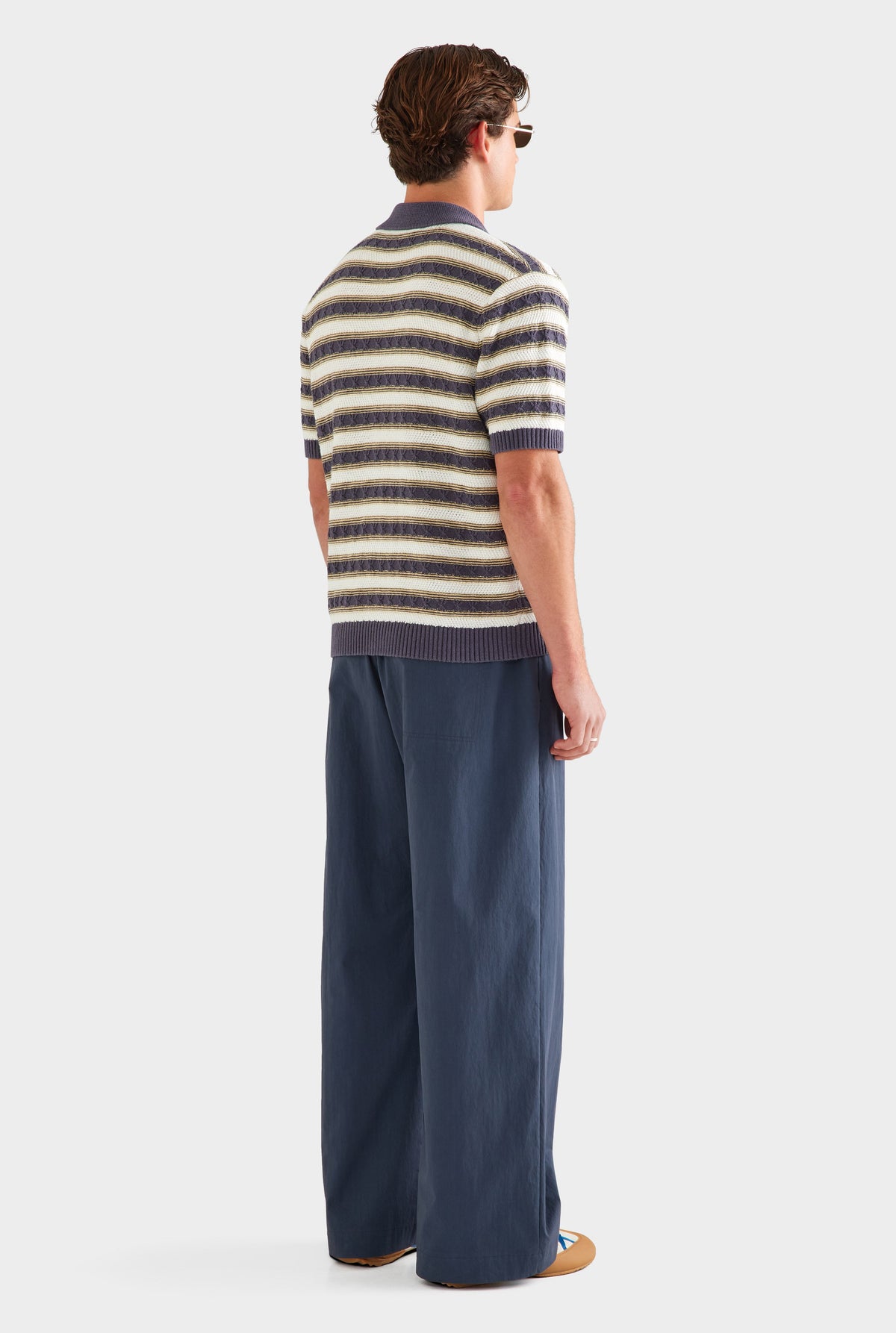 Textured Cotton Linen Knit Polo - Off White/Navy/Pale Yellow [[AU_MEDIA:gid://shopify/MediaImage/27955570606167]]