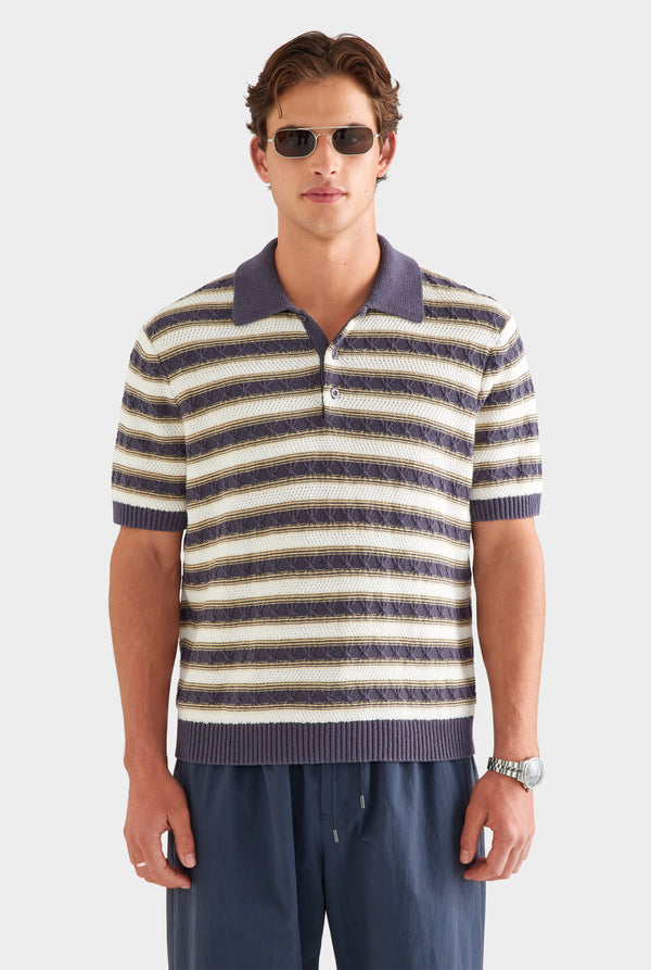 Textured Cotton Linen Knit Polo - Off White/Navy/Pale Yellow [[AU_MEDIA:gid://shopify/MediaImage/27955571327063]]