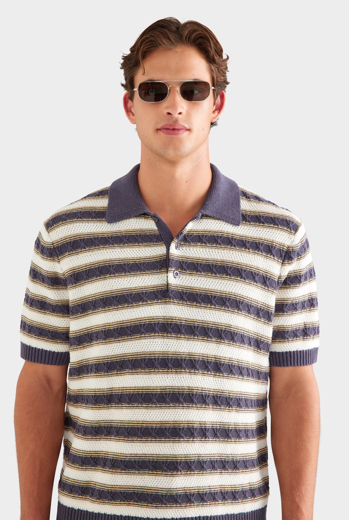 Textured Cotton Linen Knit Polo - Off White/Navy/Pale Yellow [[AU_MEDIA:gid://shopify/MediaImage/27955571032151]]