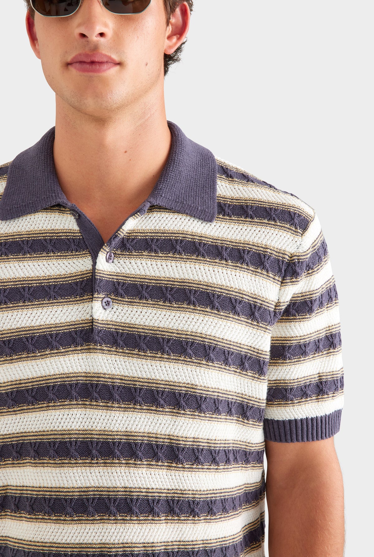 Textured Cotton Linen Knit Polo - Off White/Navy/Pale Yellow [[AU_MEDIA:gid://shopify/MediaImage/27955571359831]]