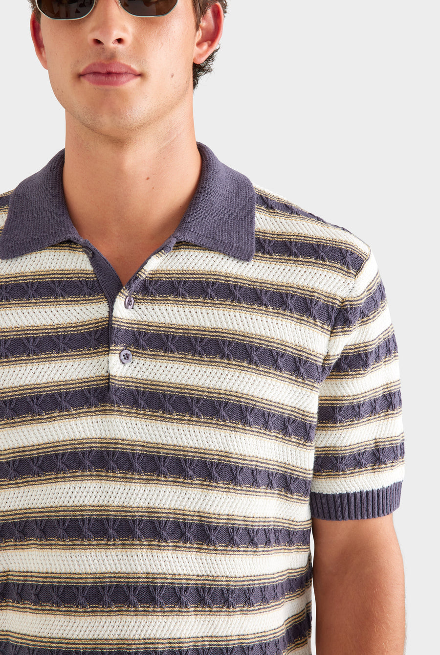 Textured Cotton Linen Knit Polo - Off White/Navy/Pale Yellow [[AU_MEDIA:gid://shopify/MediaImage/27955571359831]]