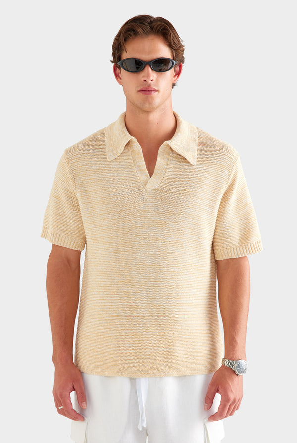 Marled Cotton Linen Polo - Pale Yellow/Off White [[AU_MEDIA:gid://shopify/MediaImage/27955572539479]]