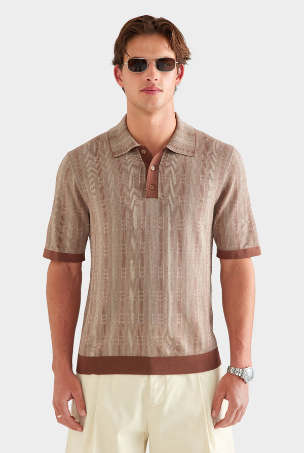 Geo Tencel Cotton Silk Polo - Coffee/Light Beige [[AU_MEDIA:gid://shopify/MediaImage/27955573162071]]