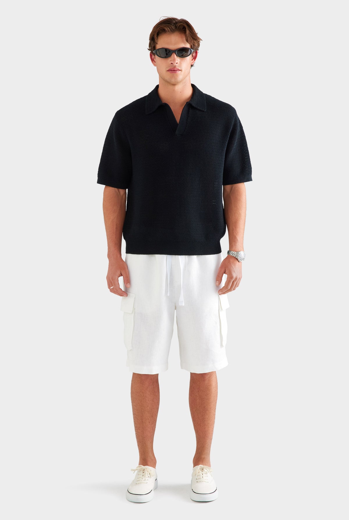 Chunky Crochet Cotton Knit Polo - Black [[AU_MEDIA:gid://shopify/MediaImage/27955576897623]]