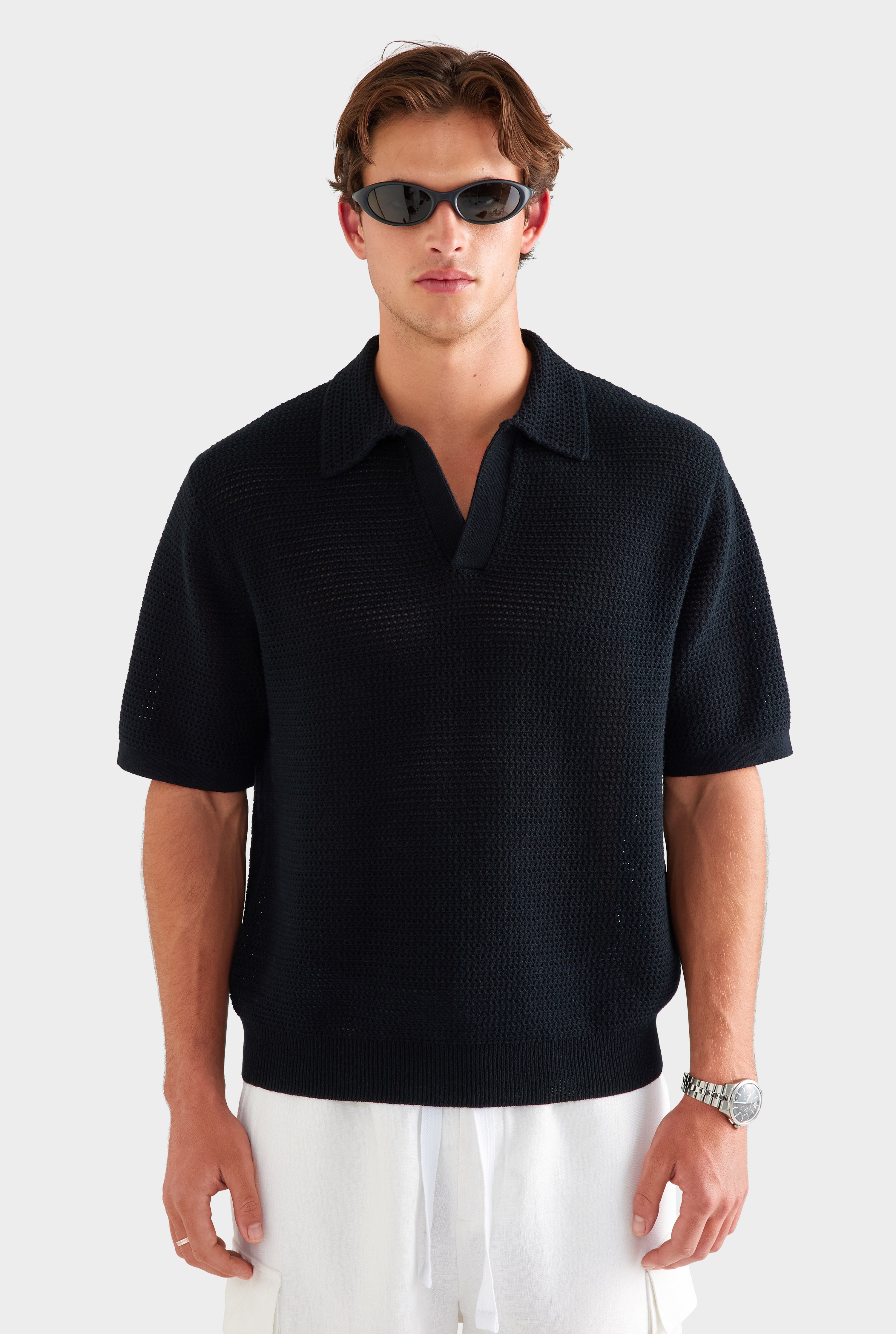 Chunky Crochet Cotton Knit Polo - Black [[AU_MEDIA:gid://shopify/MediaImage/27955576242263]]