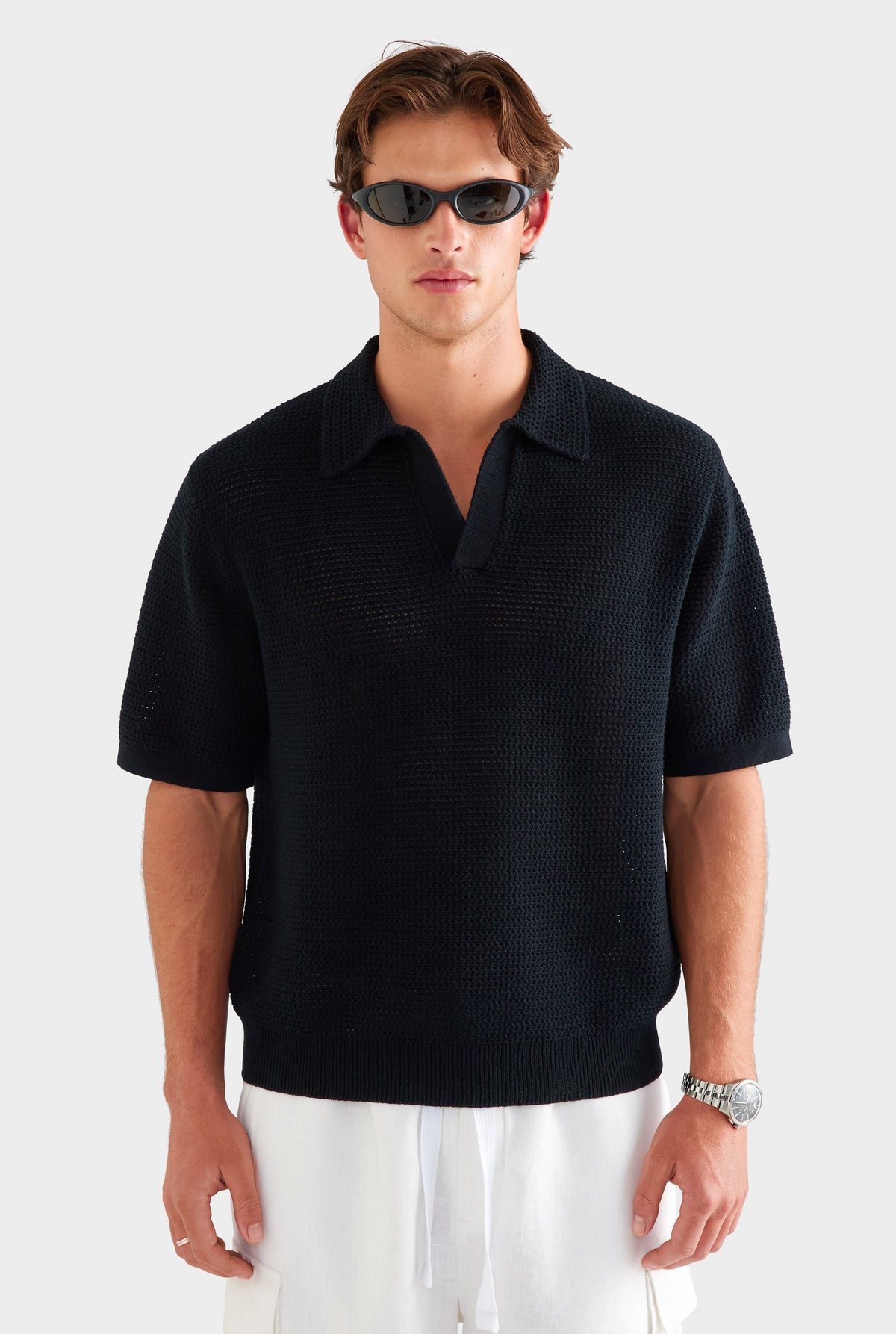 Chunky Crochet Cotton Knit Polo - Black [[AU_MEDIA:gid://shopify/MediaImage/27955576242263]]