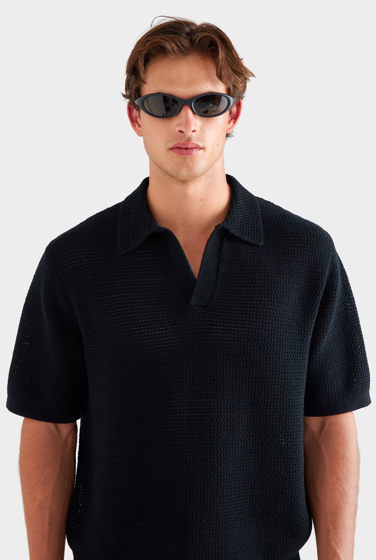 Chunky Crochet Cotton Knit Polo - Black [[AU_MEDIA:gid://shopify/MediaImage/27955576307799]]