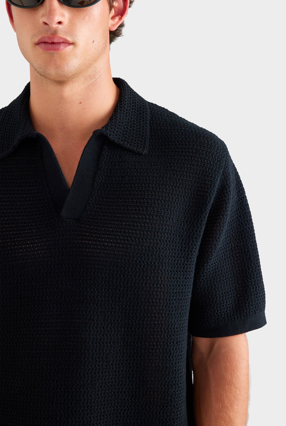 Chunky Crochet Cotton Knit Polo - Black [[AU_MEDIA:gid://shopify/MediaImage/27955577126999]]