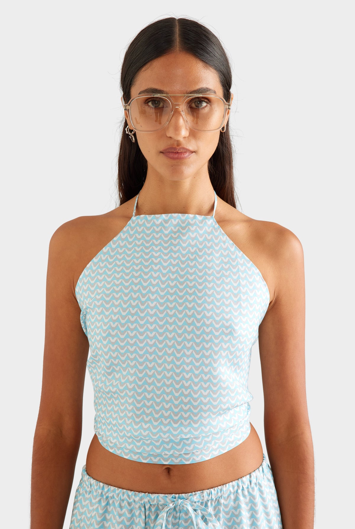 Silk Scarf Halter Top - Ice Blue/Silver V Monogram [[AU_MEDIA:gid://shopify/MediaImage/27756983320663]]