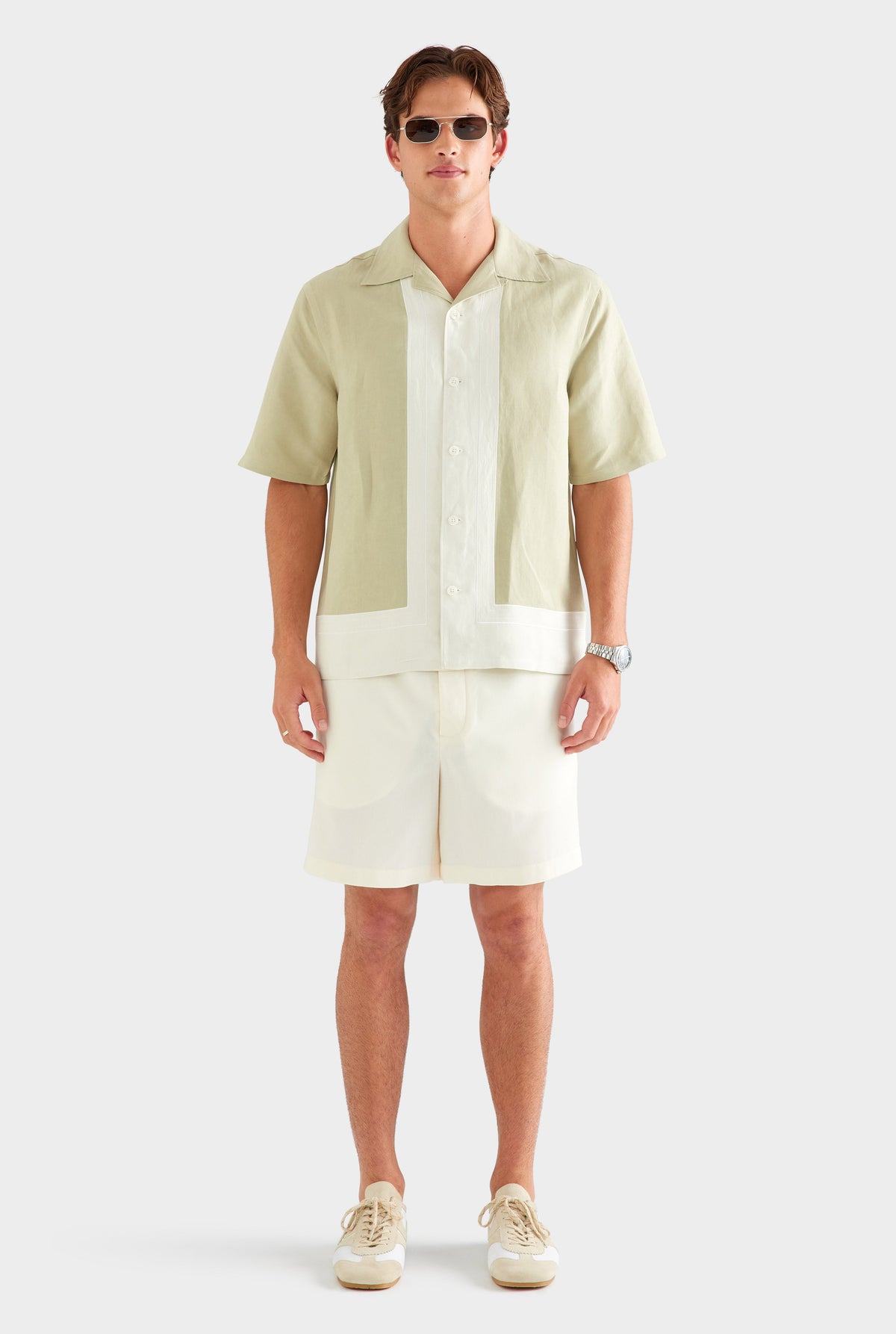 Applique Border Silk Linen Shirt - Stone Green/Cream [[AU_MEDIA:gid://shopify/MediaImage/27759765127255]]