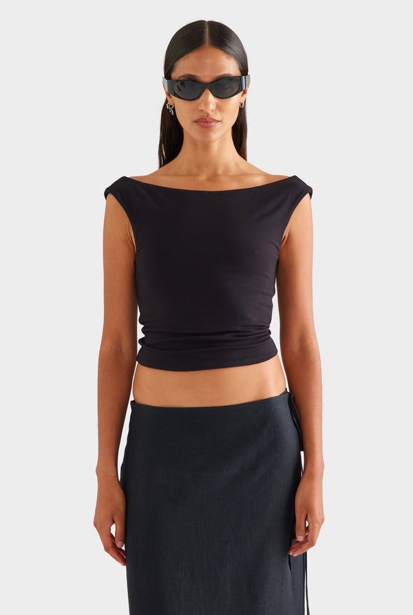 Twist Back Boat Neck Top - Black [[AU_MEDIA:gid://shopify/MediaImage/27756847988823]]