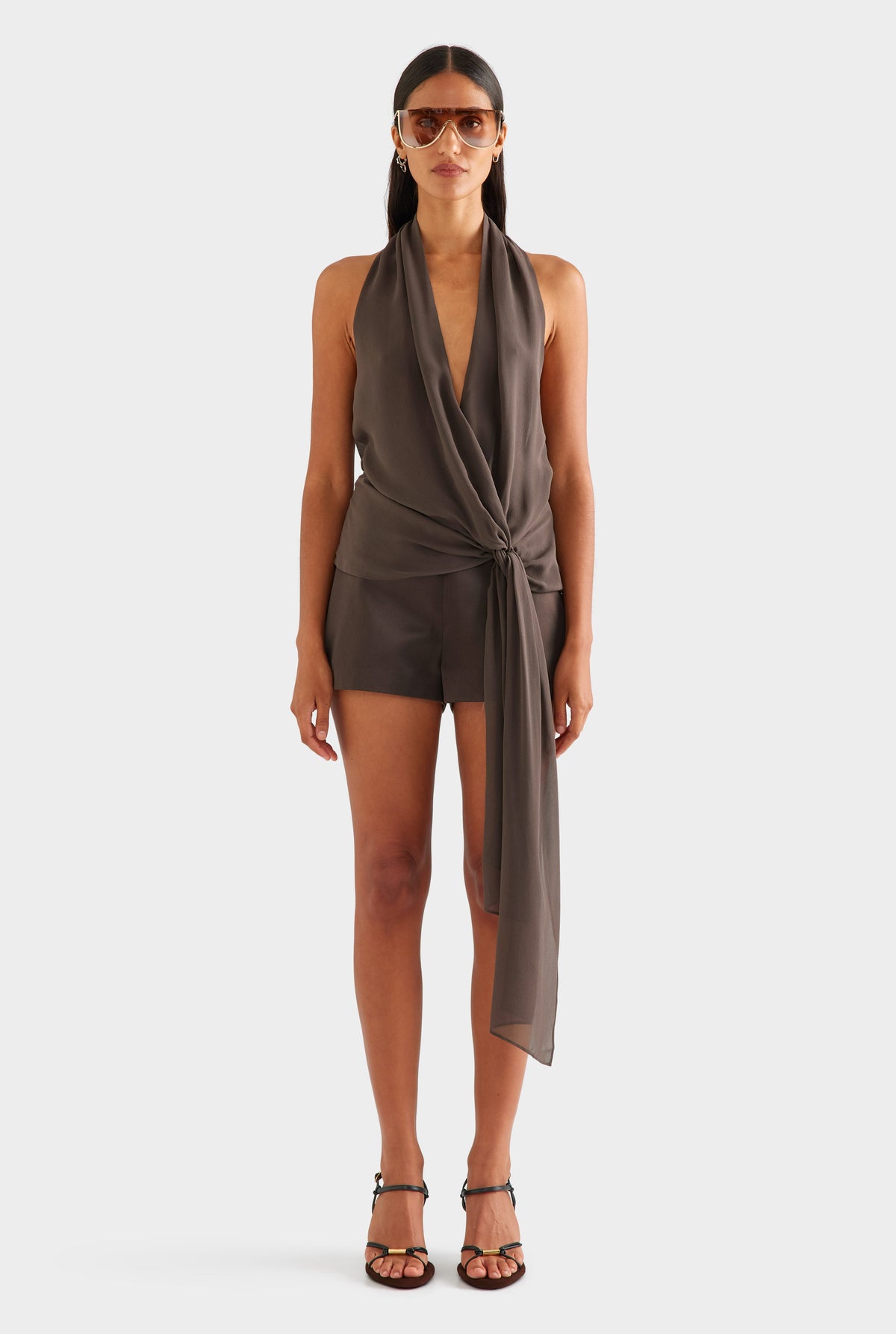 Silk Belted Draped Top - Cacao [[AU_MEDIA:gid://shopify/MediaImage/27759691726935]]