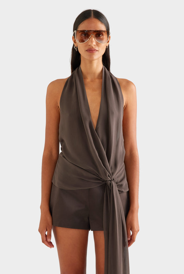 Silk Belted Draped Top - Cacao [[AU_MEDIA:gid://shopify/MediaImage/27759691890775]]