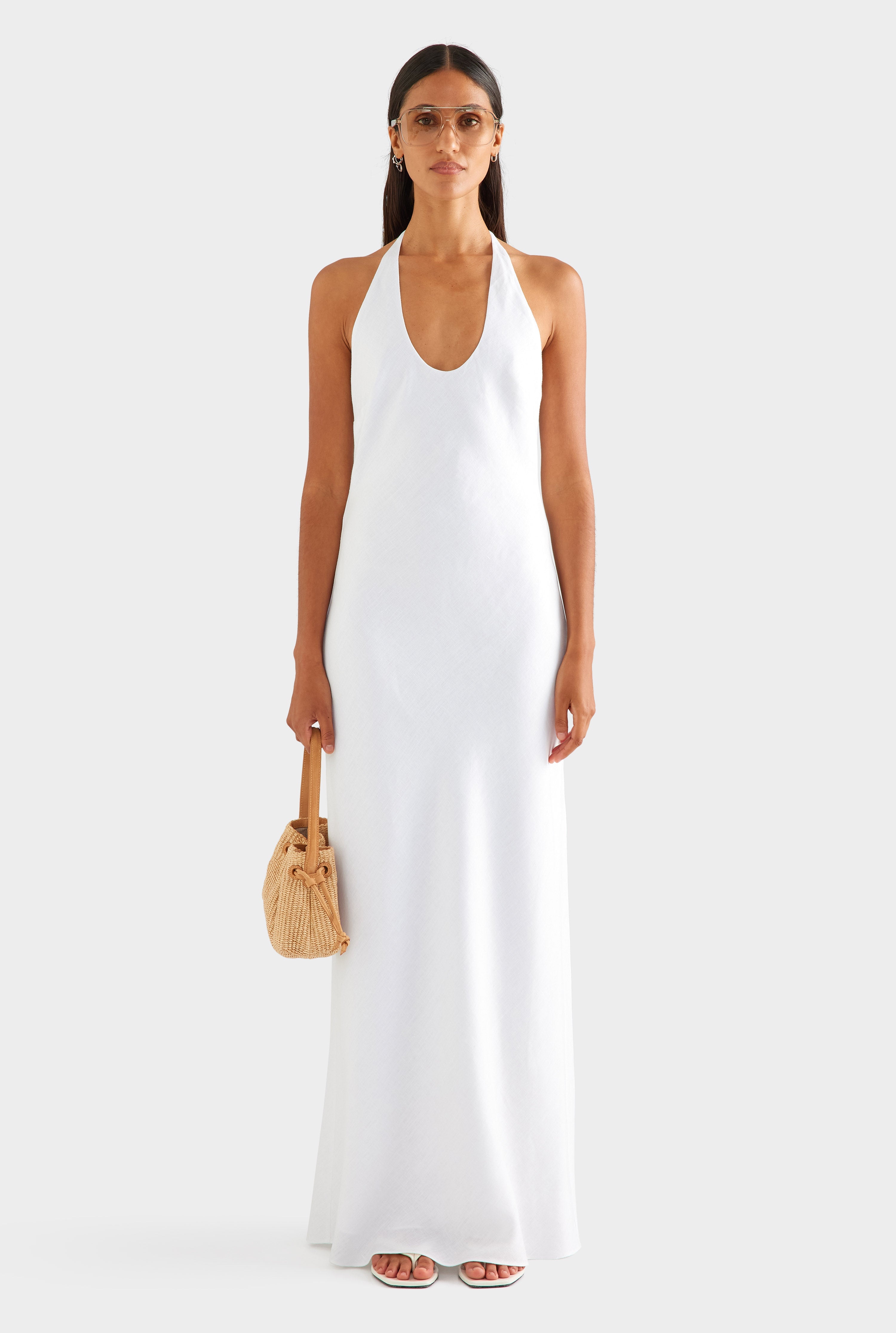 Bias Halter Linen Maxi Dress - White [[AU_MEDIA:gid://shopify/MediaImage/27756894683223]]