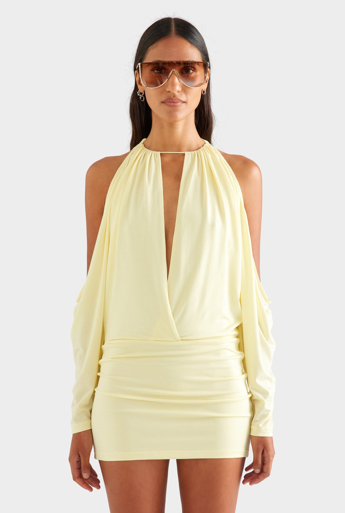 Draped Sleeve Mini Dress - Pastel Yellow [[AU_MEDIA:gid://shopify/MediaImage/27756902678615]]