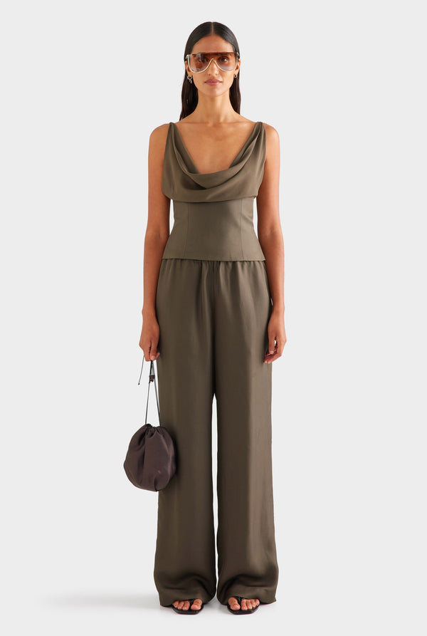 Silk Relaxed Pant - Dark Olive [[AU_MEDIA:gid://shopify/MediaImage/27957231878231]]