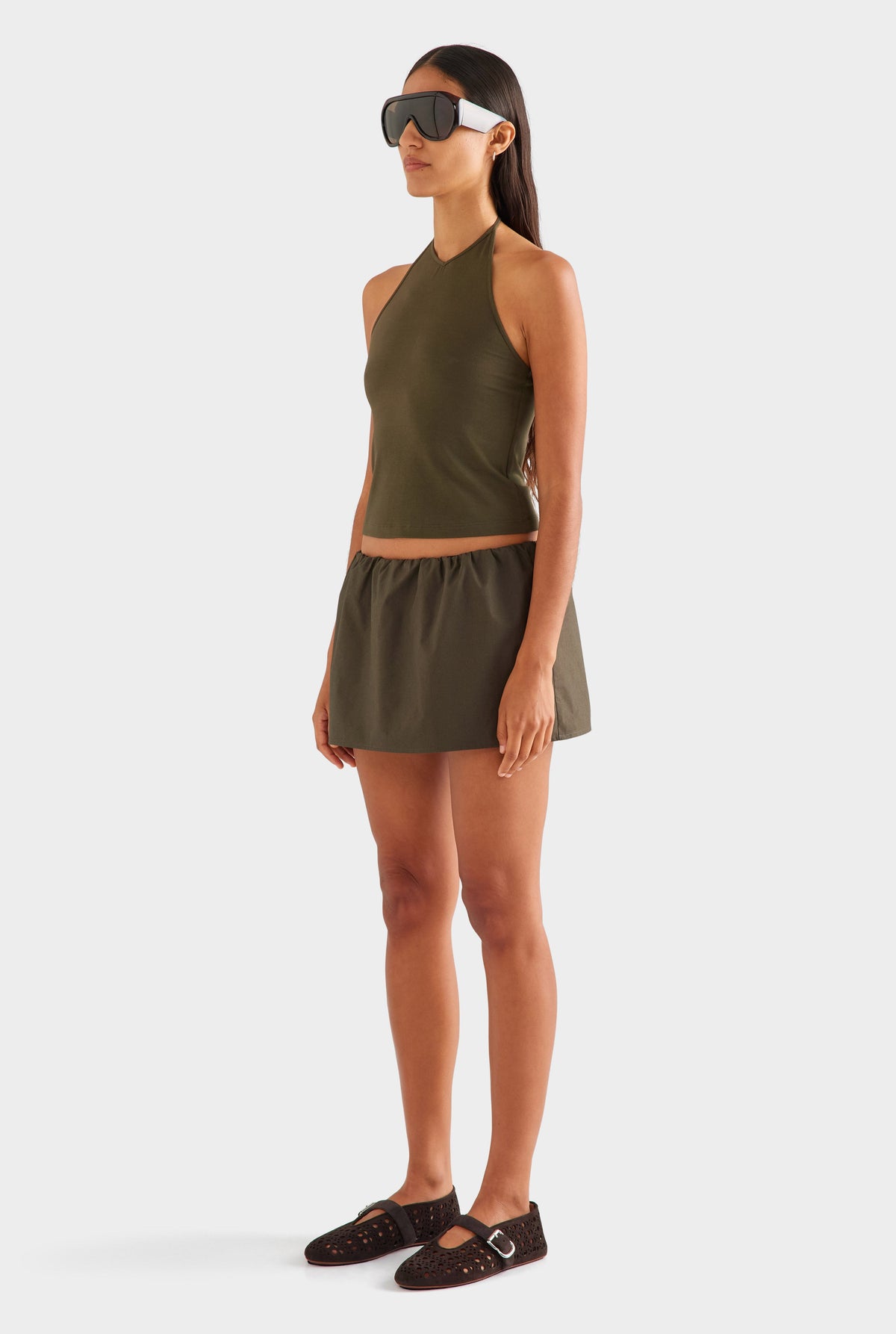High V Neck Halter Tank - Dark Olive [[AU_MEDIA:gid://shopify/MediaImage/27957140684887]]