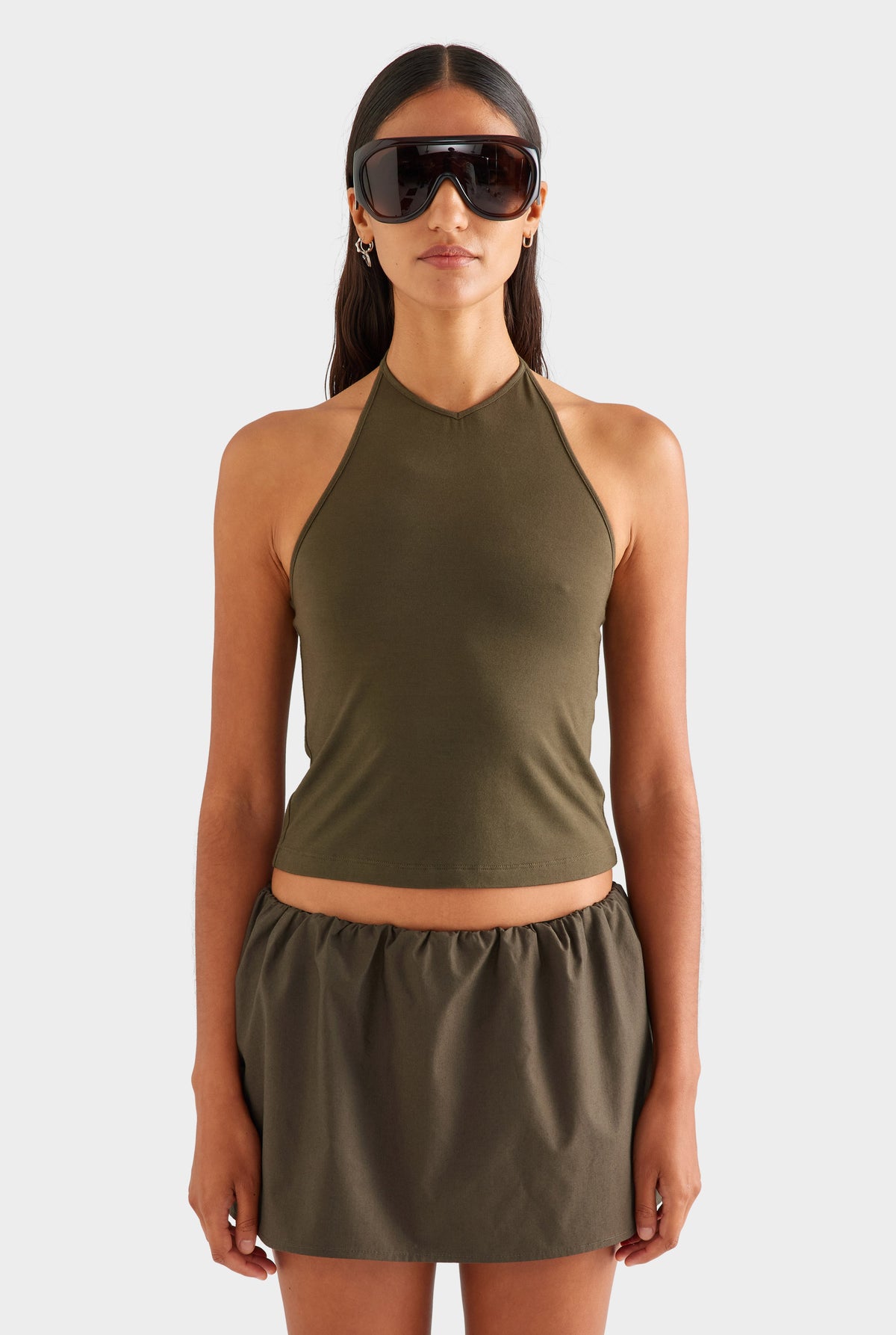 High V Neck Halter Tank - Dark Olive [[AU_MEDIA:gid://shopify/MediaImage/27957141340247]]