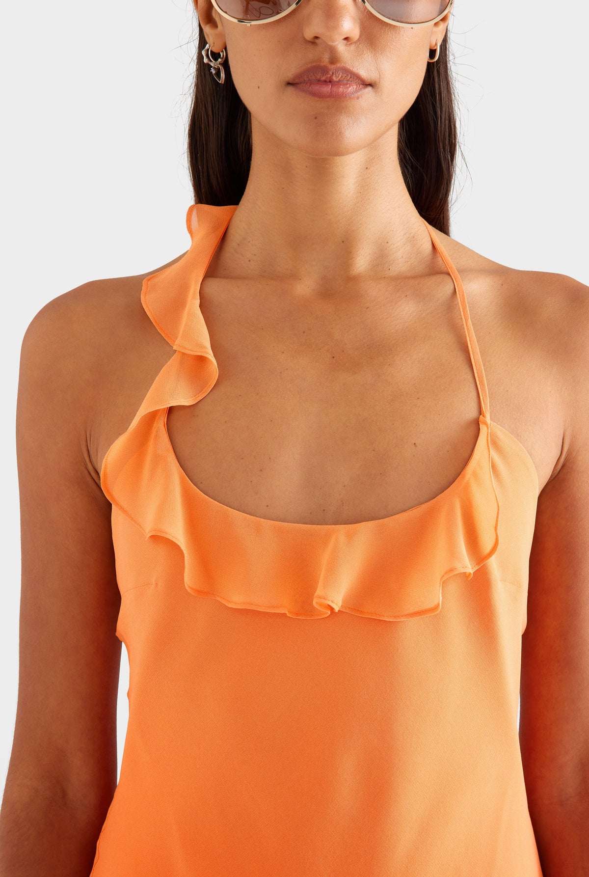 Asymmetric Ruffle Halter Mini Dress - Orange Gradient [[AU_MEDIA:gid://shopify/MediaImage/27957036613719]]