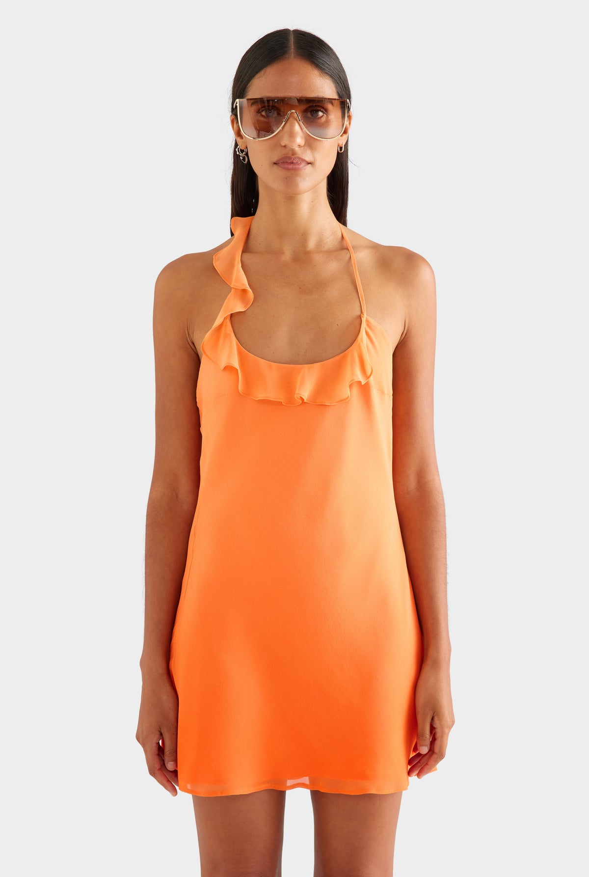 Asymmetric Ruffle Halter Mini Dress - Orange Gradient [[AU_MEDIA:gid://shopify/MediaImage/27957035335767]]