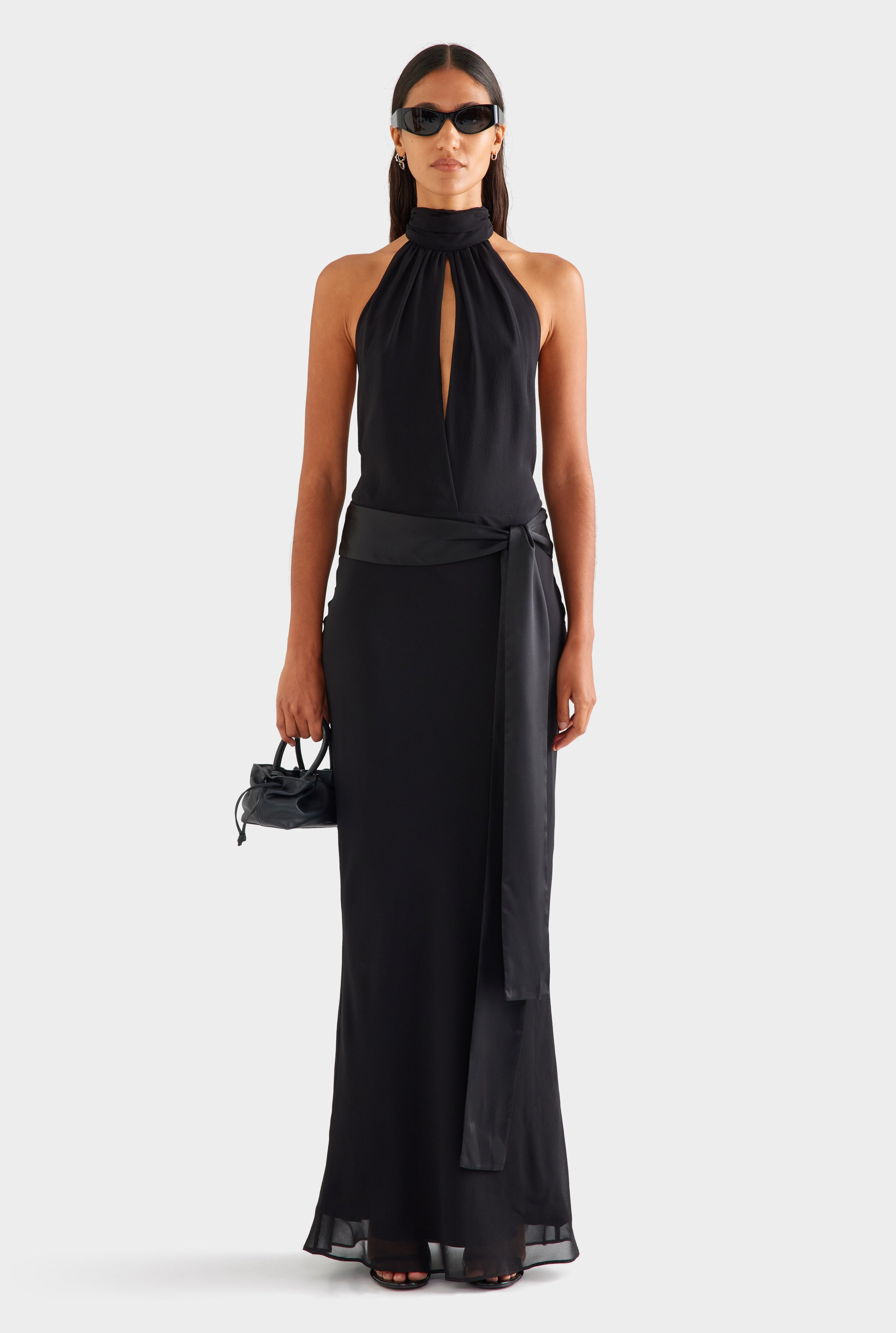 Silk High Neck Sash Dress - Black [[AU_MEDIA:gid://shopify/MediaImage/27957045887063]]