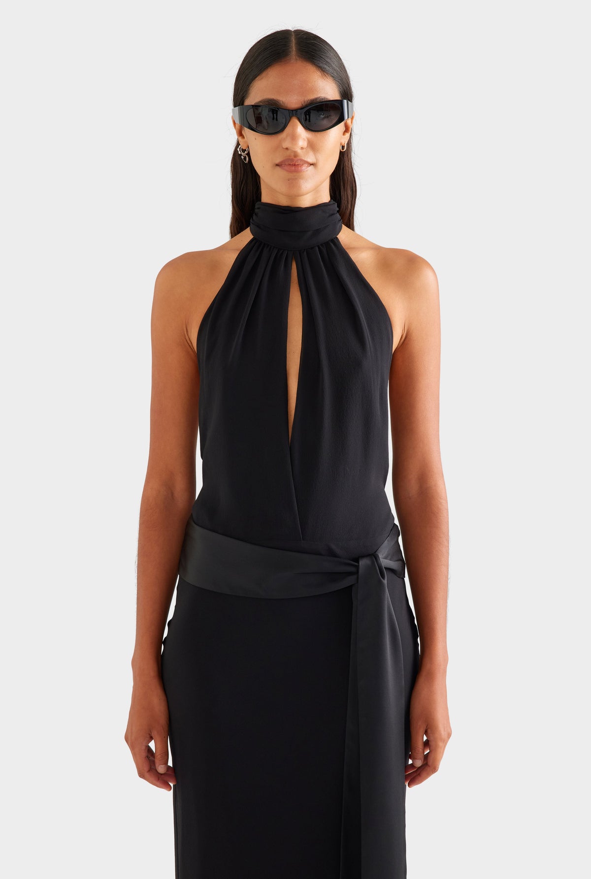 Silk High Neck Sash Dress - Black [[AU_MEDIA:gid://shopify/MediaImage/27957042610263]]