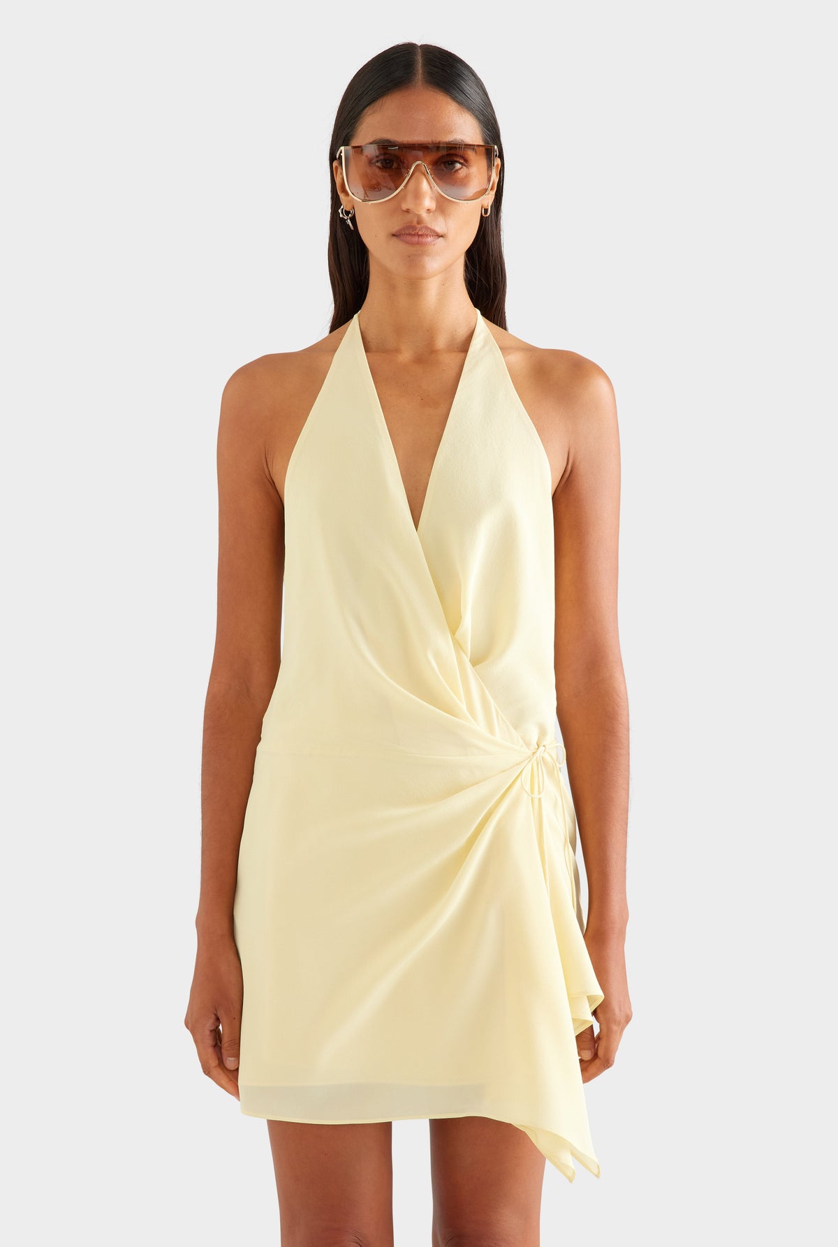 Silk Wrap Mini Dress - Pastel Yellow [[AU_MEDIA:gid://shopify/MediaImage/27957065023575]]