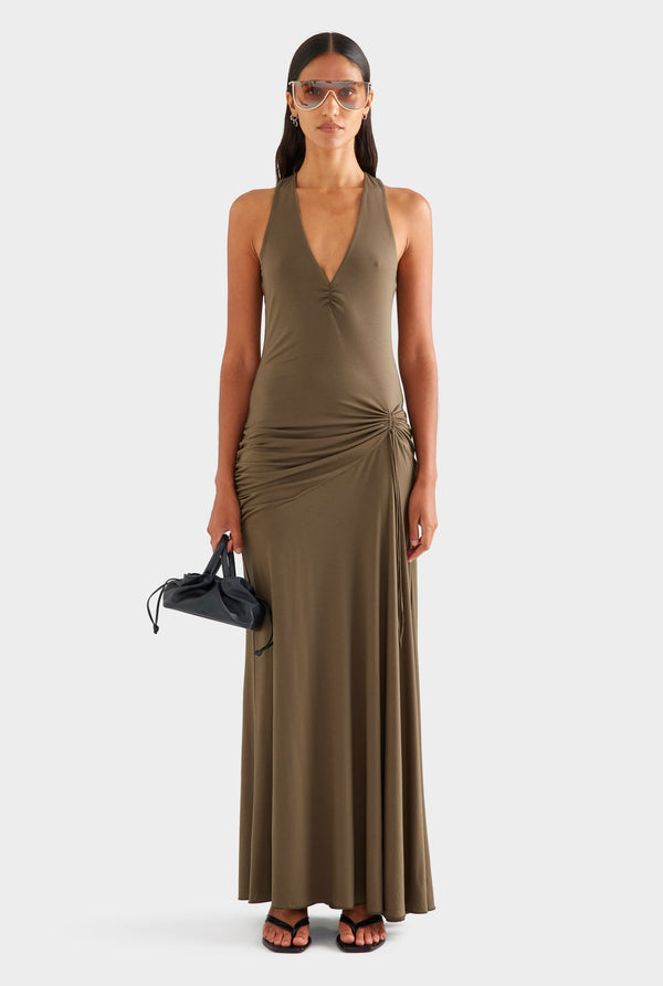 Jersey Drawstring Halter Maxi Dress - Dark Olive [[AU_MEDIA:gid://shopify/MediaImage/27957082292311]]