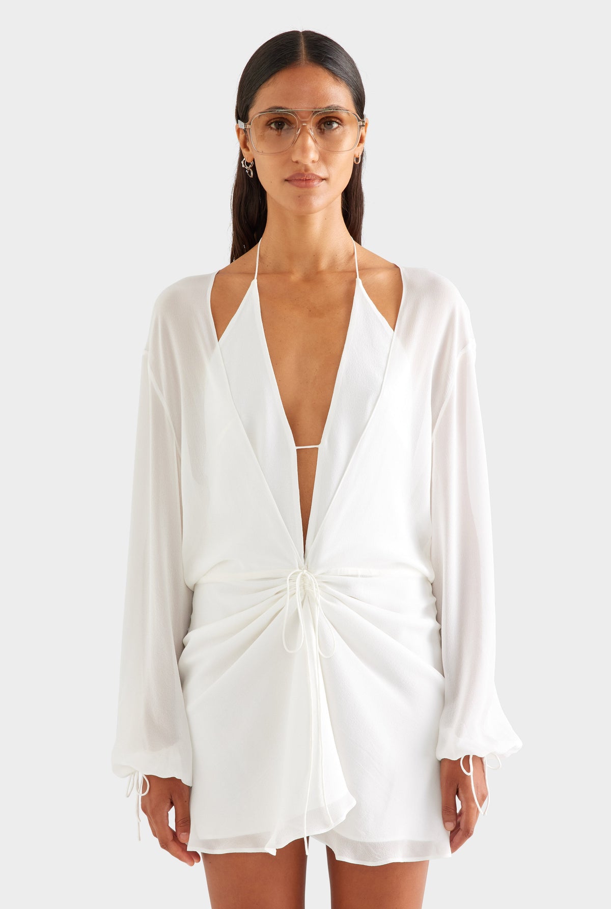 Layered Long Sleeve Silk Mini Dress - White [[AU_MEDIA:gid://shopify/MediaImage/27957091369047]]